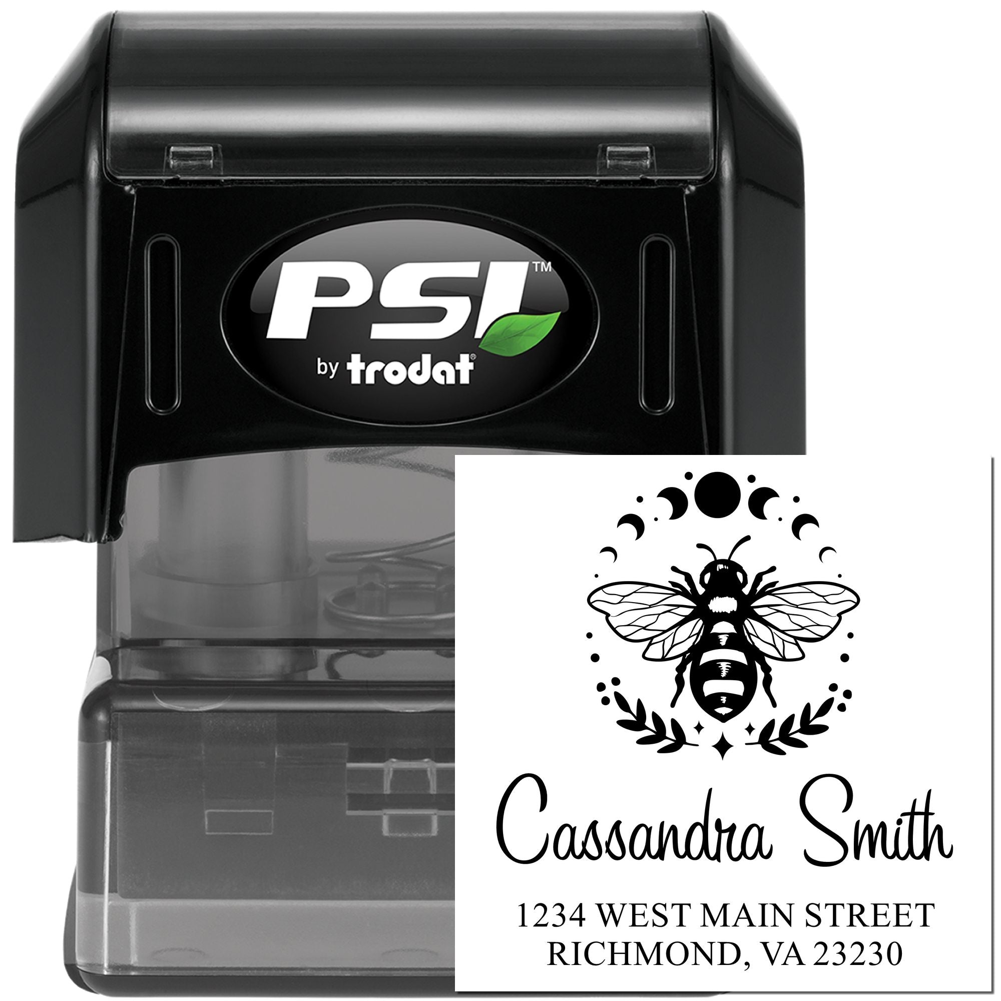Custom self-inking address stamp with bee design, Cassandra Smith name, and Richmond, VA return address by PSI Trodat.