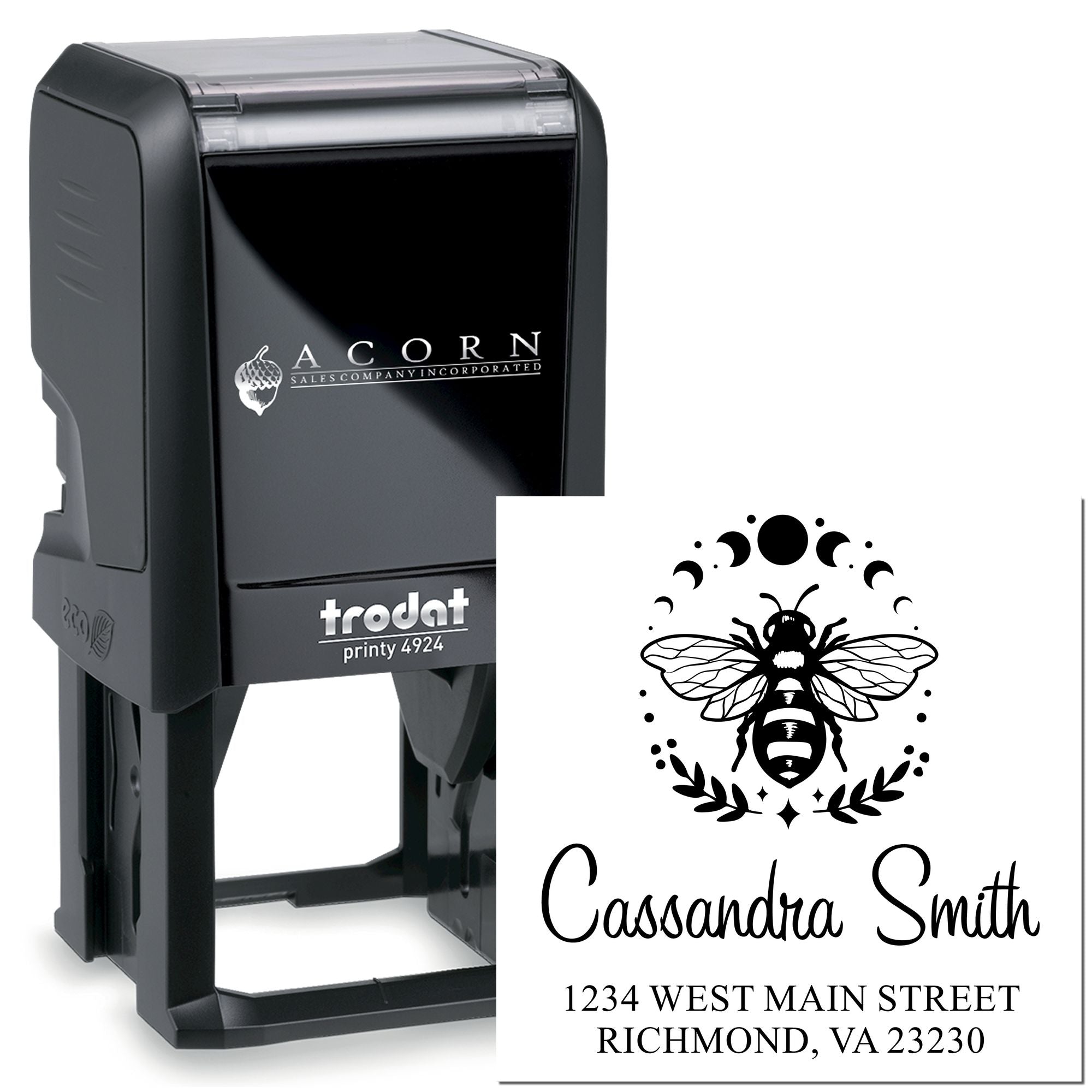 Custom self-inking rubber stamp with bee logo, name, and address - Trodat Printy 4924 for personalized mailing.