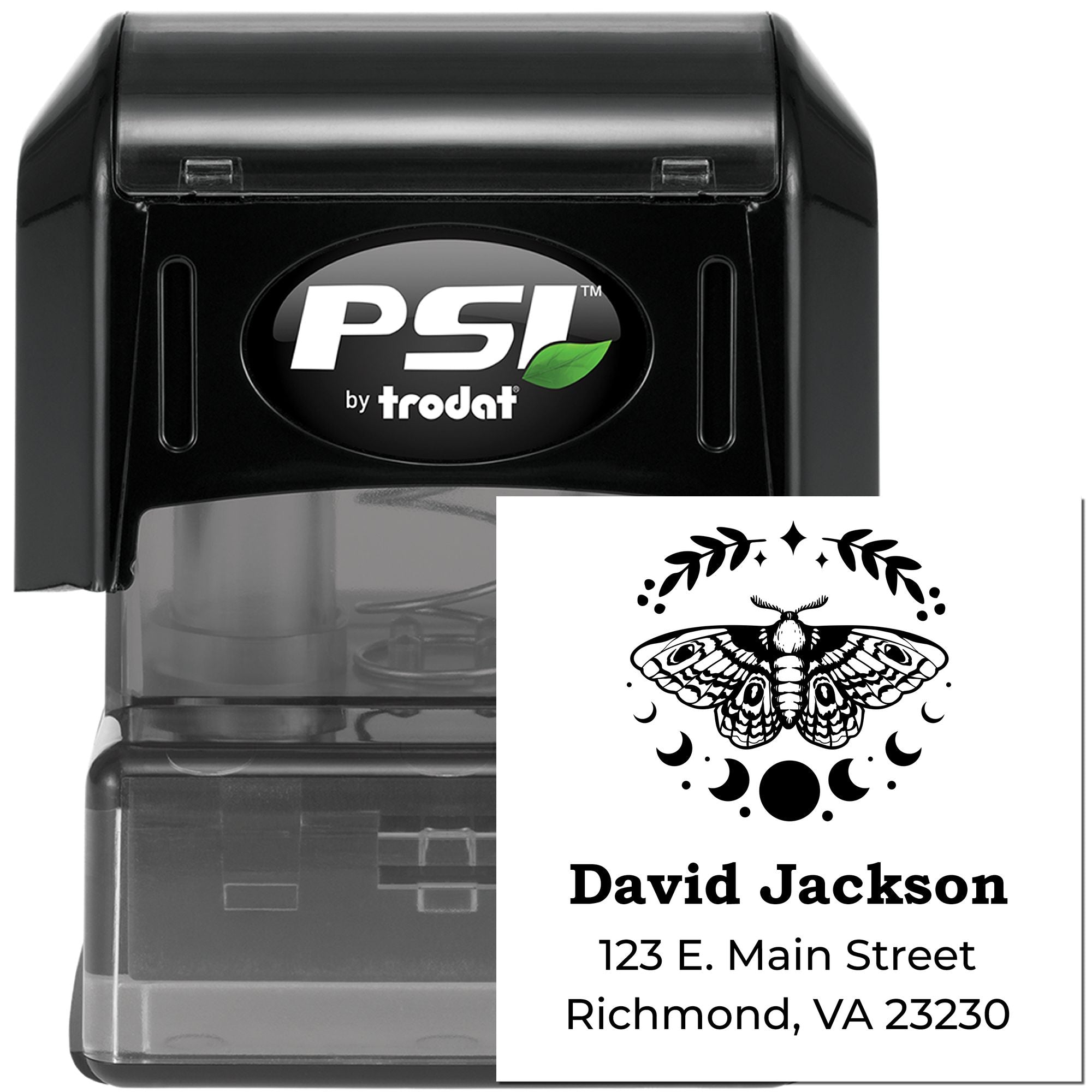 PSI by Trodat custom self-inking rubber address stamp with moth design and return address
