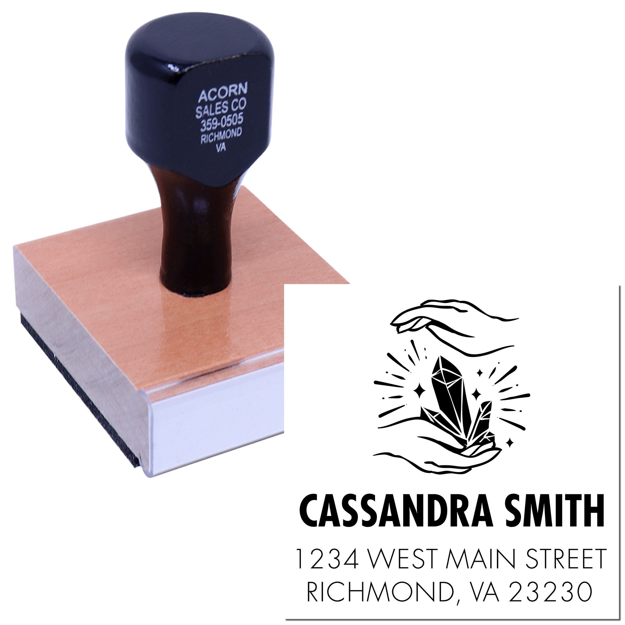 Custom address rubber stamp with crystal logo, Cassandra Smith name, and Richmond, VA return address.