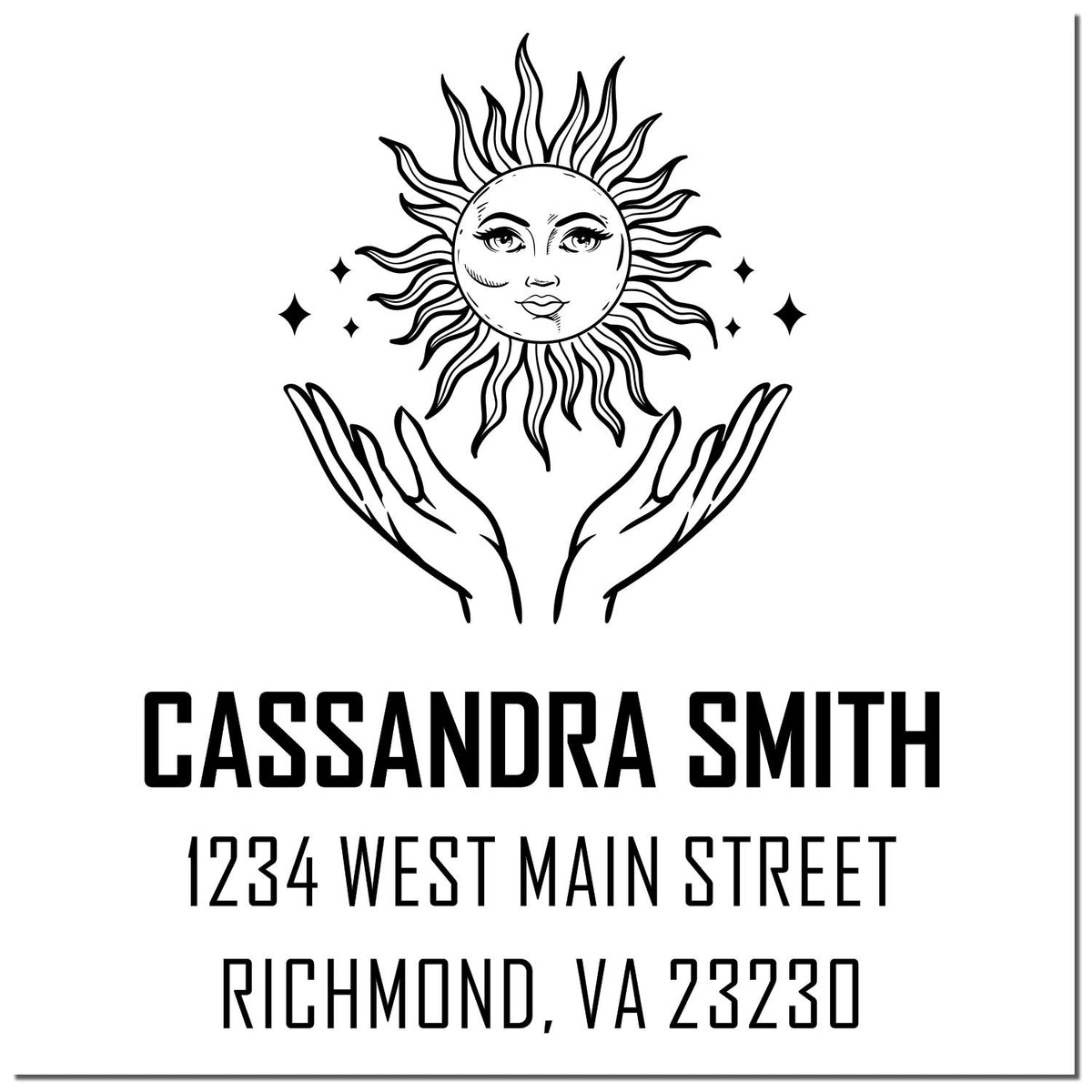 Custom return address rubber stamp with sun and hands design for Cassandra Smith, Richmond, VA 23230.