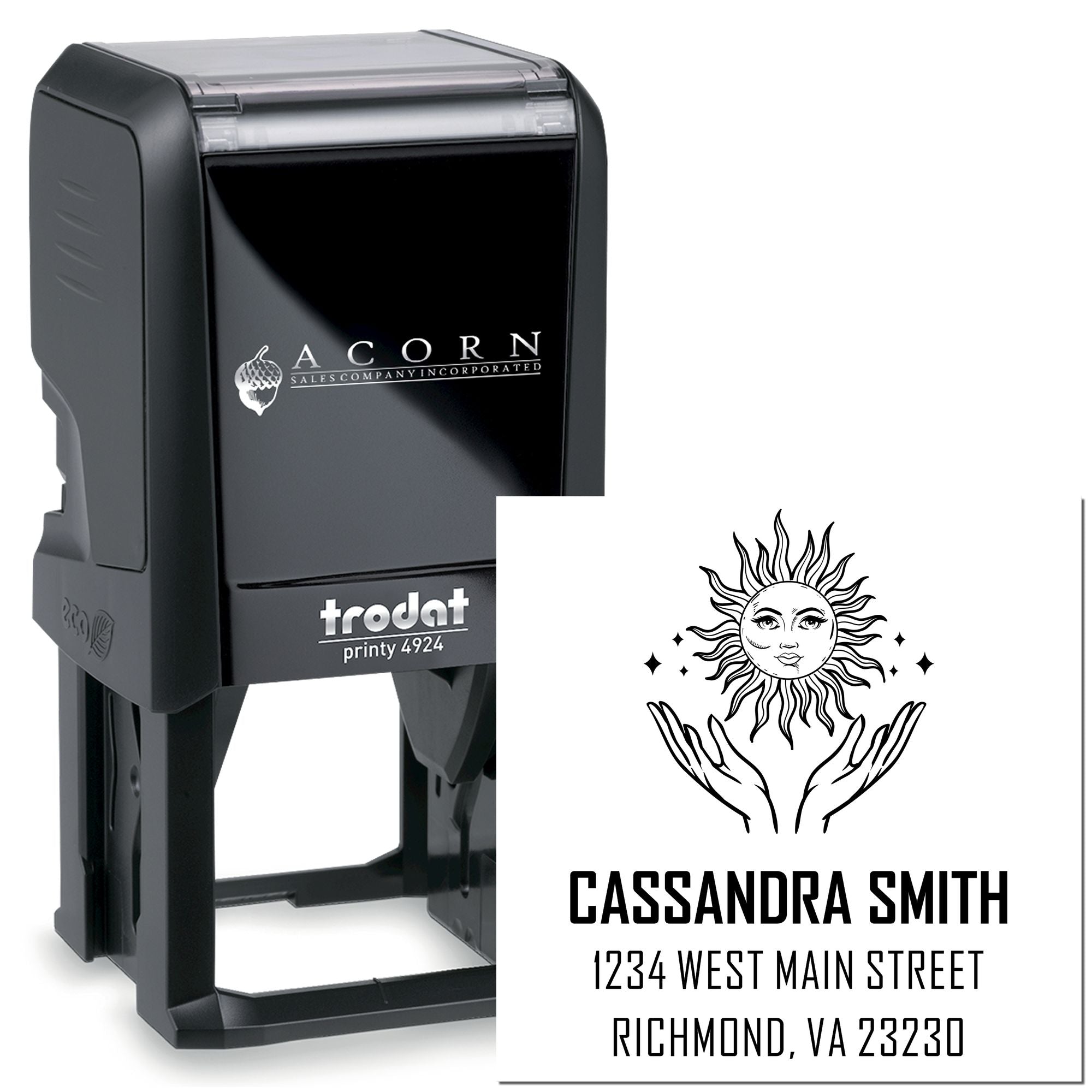 Custom self-inking rubber stamp with personalized name and address, featuring a sun design and Trodat Printy 4924 imprint sample.