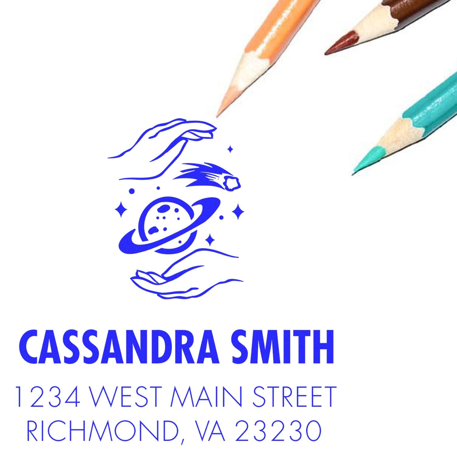 Custom return address rubber stamp with planet and hands logo, personalized for Cassandra Smith, Richmond, VA.