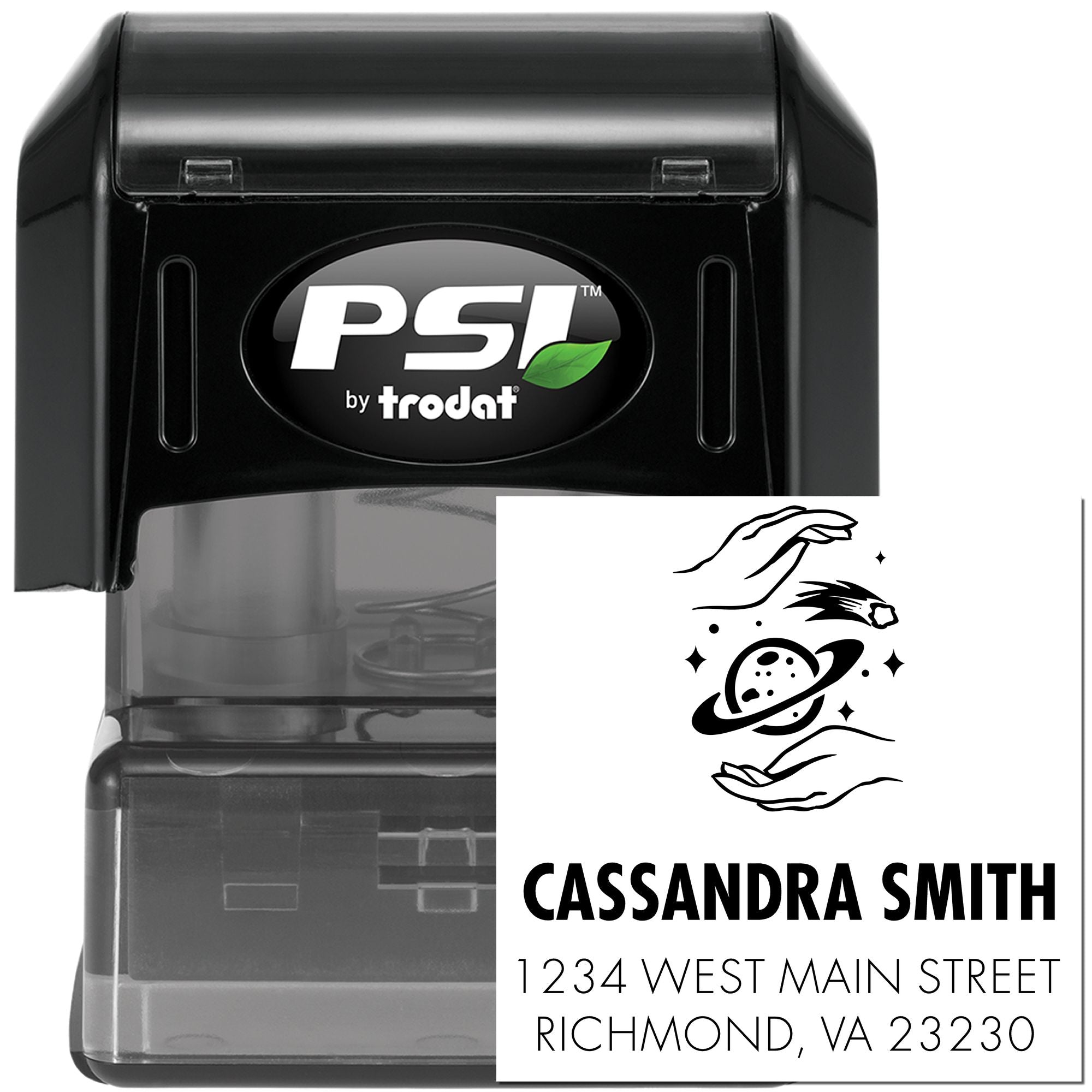 Custom PSI by Trodat self-inking address stamp with decorative design for Cassandra Smith, Richmond VA return mail