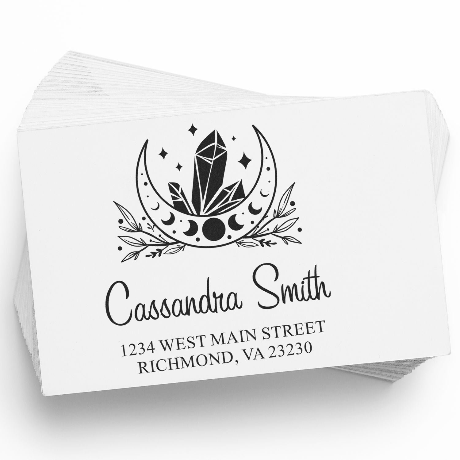 Custom rubber stamp with moon crystal logo, personalized name, and return address for stationery or mailing labels