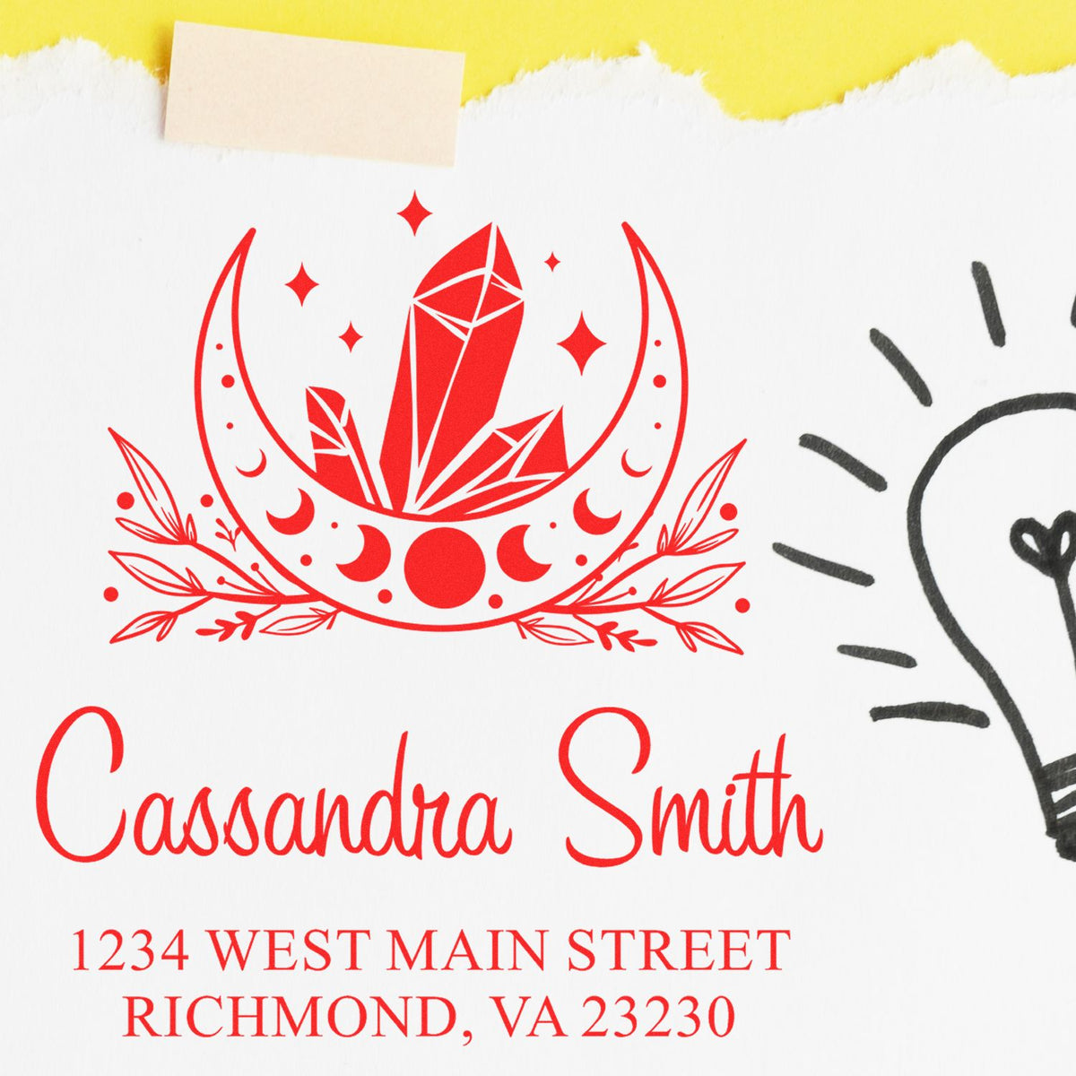 Custom return address rubber stamp with crystal moon design for Cassandra Smith, featuring name and Richmond, VA address.