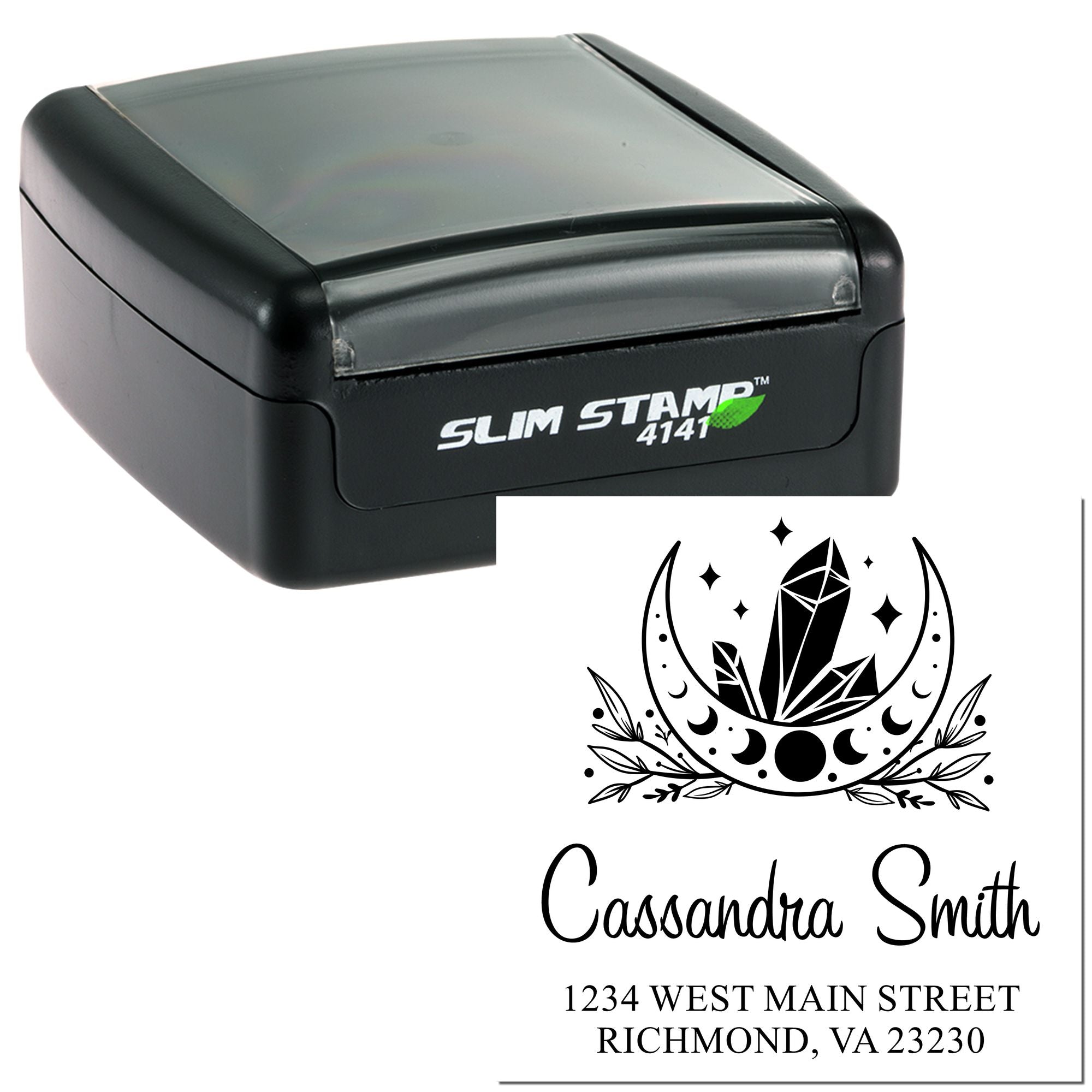 Custom self-inking rubber stamp with name and address, featuring crystal moon design for personalized return address use.