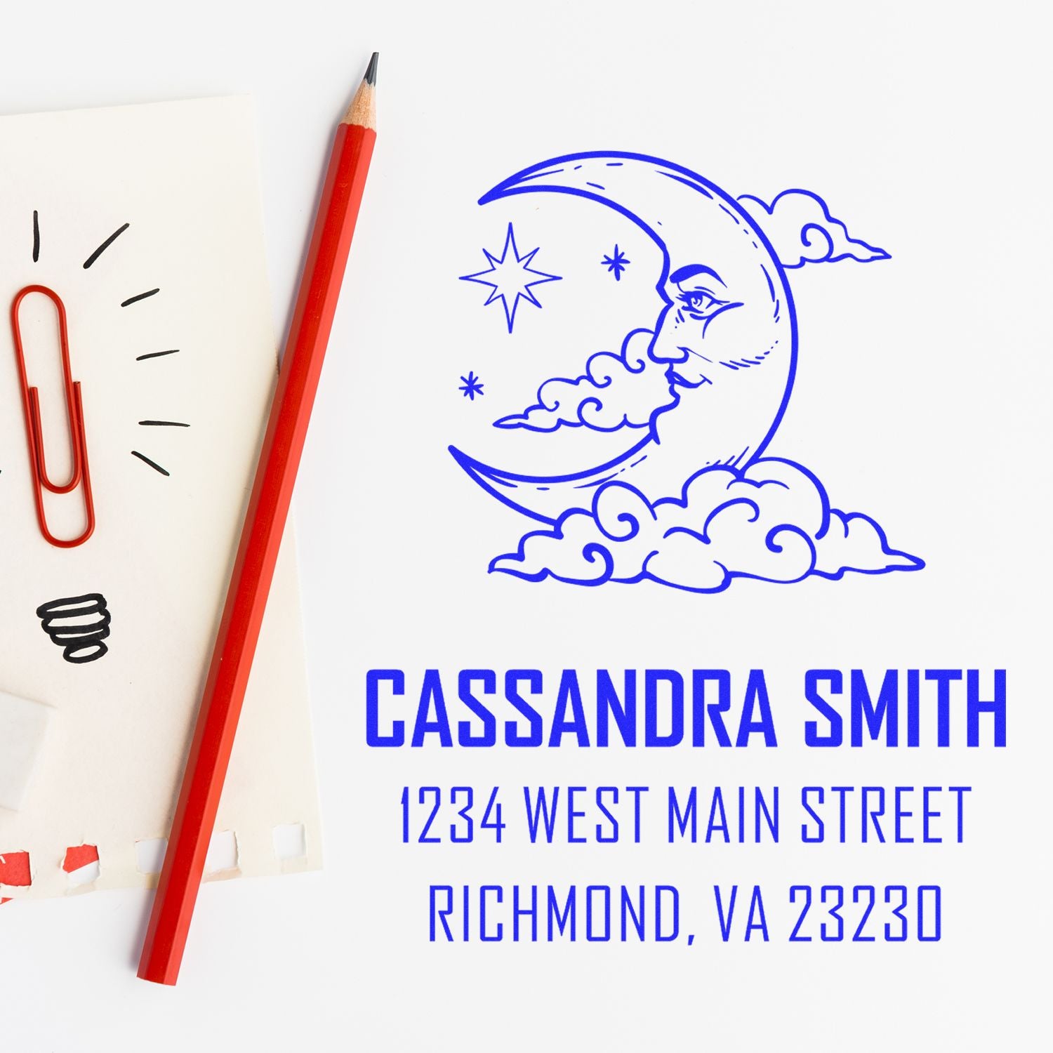 Personalized address rubber stamp with moon-and-cloud design for Cassandra Smith, Richmond, VA