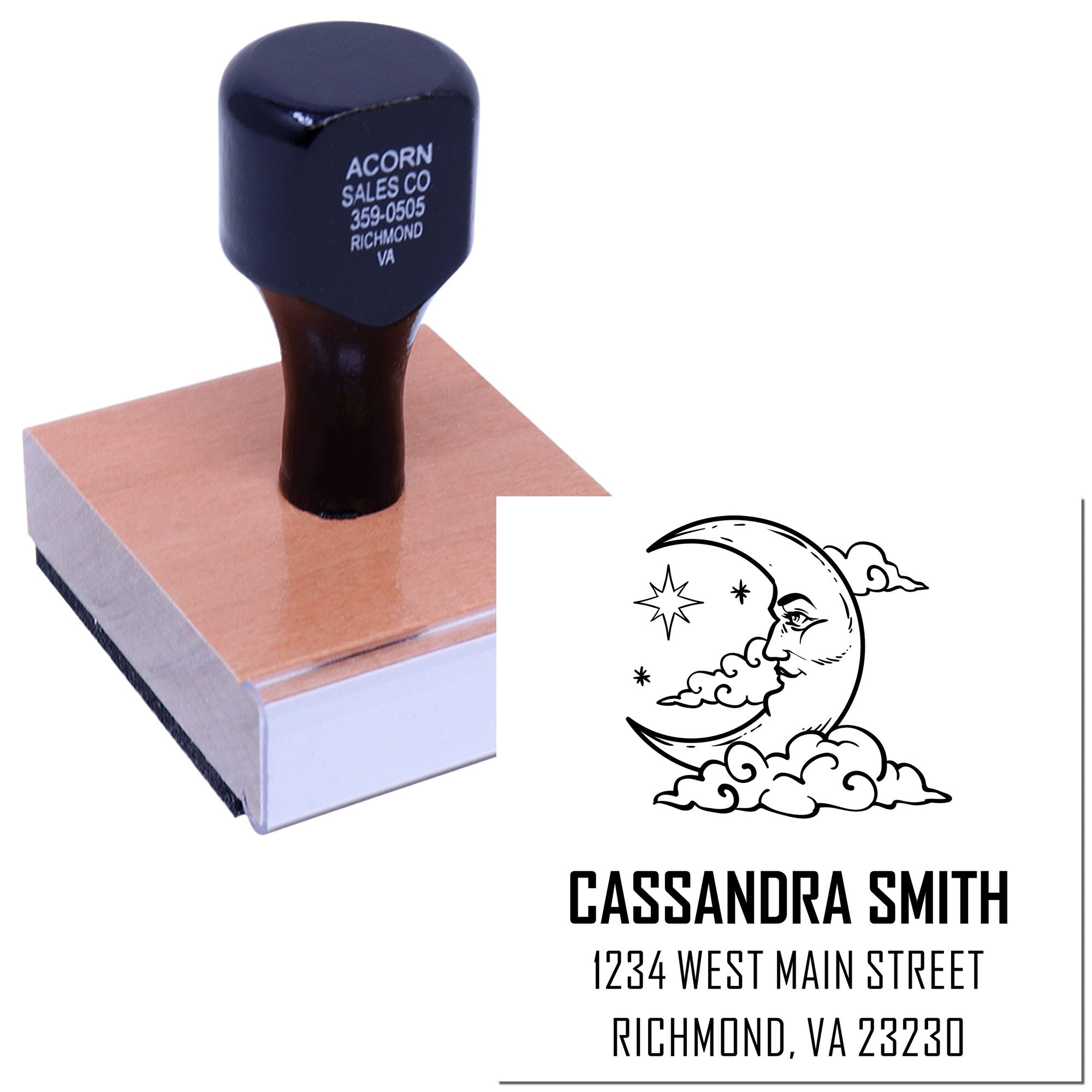 Custom rubber address stamp with moon design and personalized name, street address, and Richmond, VA return address.