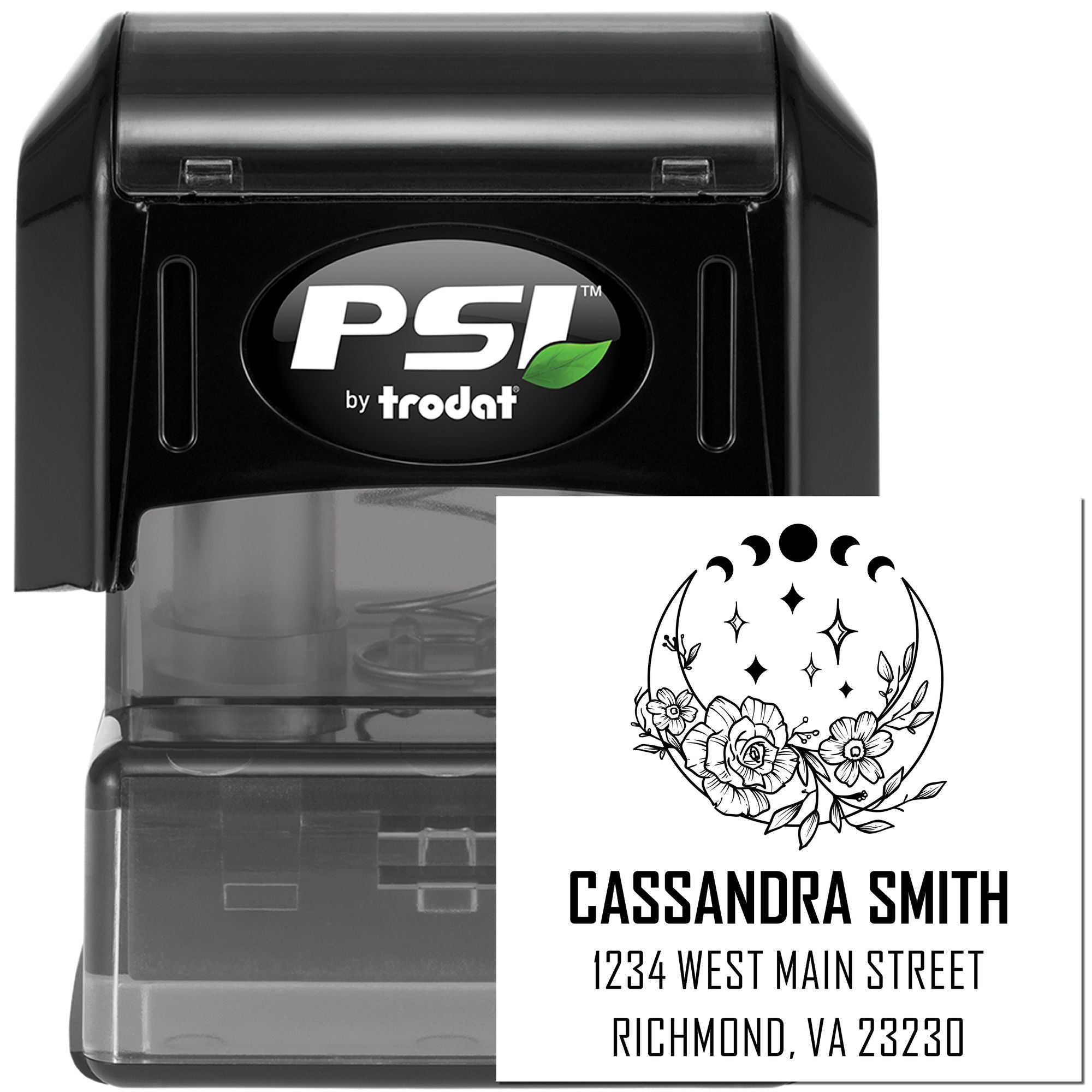 Custom self-inking rubber address stamp with floral monogram for Cassandra Smith, Richmond, VA 23230