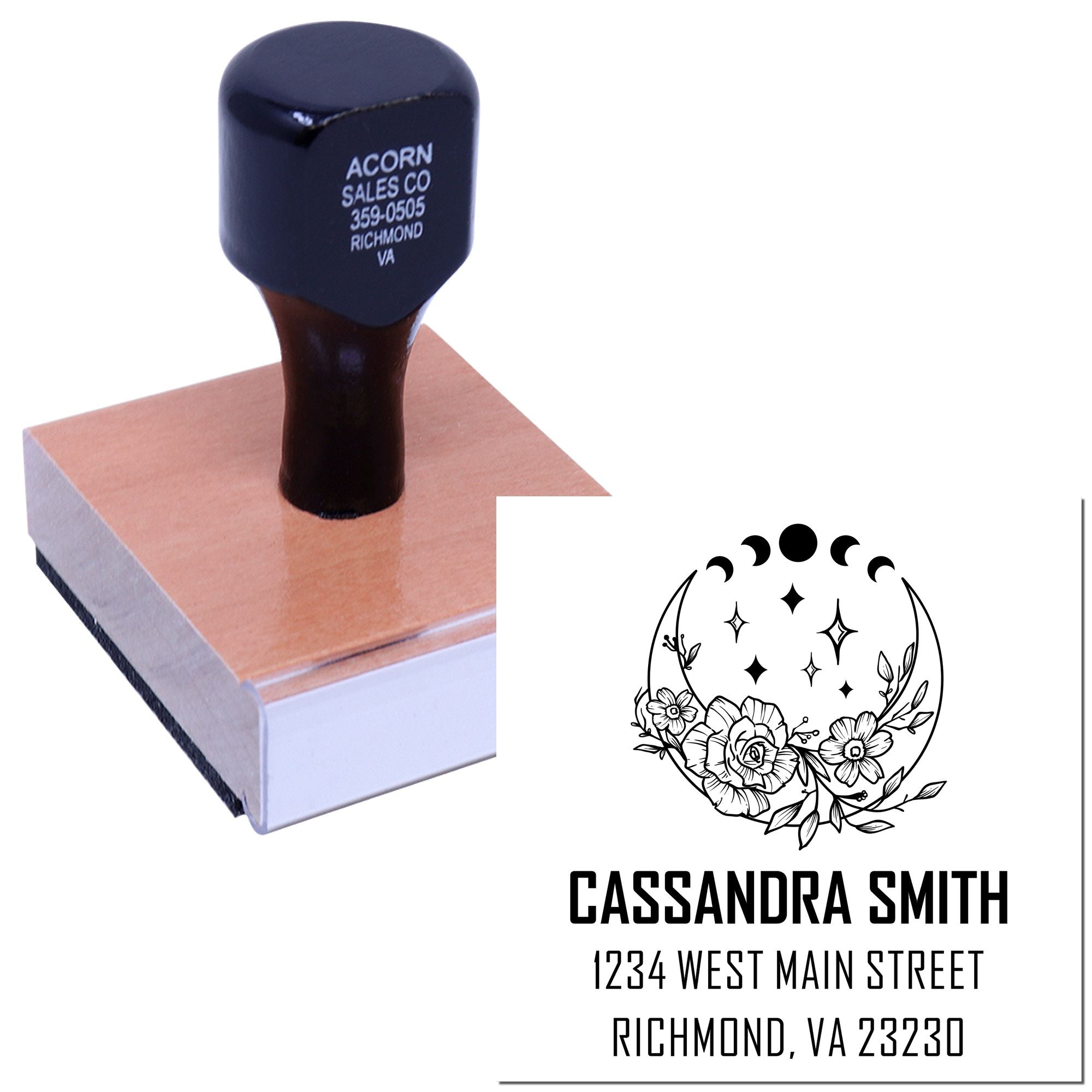 Custom address rubber stamp with floral moon design for Cassandra Smith, 1234 West Main Street, Richmond, VA 23230.