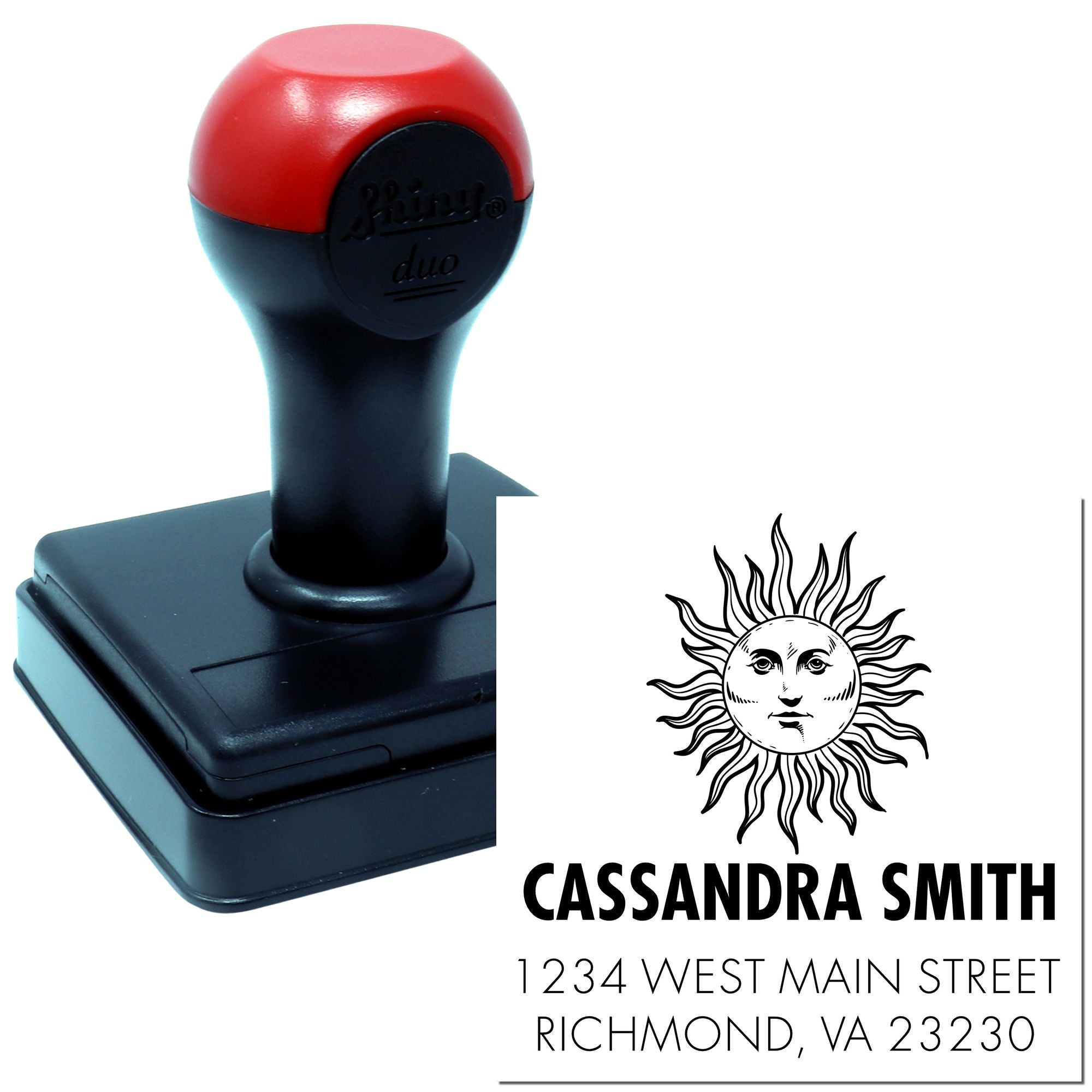 Custom self-inking address rubber stamp with sun design for personalized return mailings