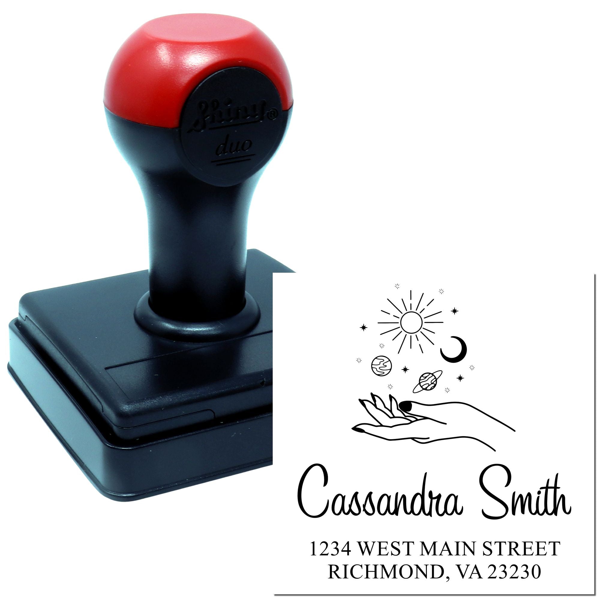 Custom self-inking rubber stamp with personalized name and address imprint, ideal for mailing, business, and craft use.