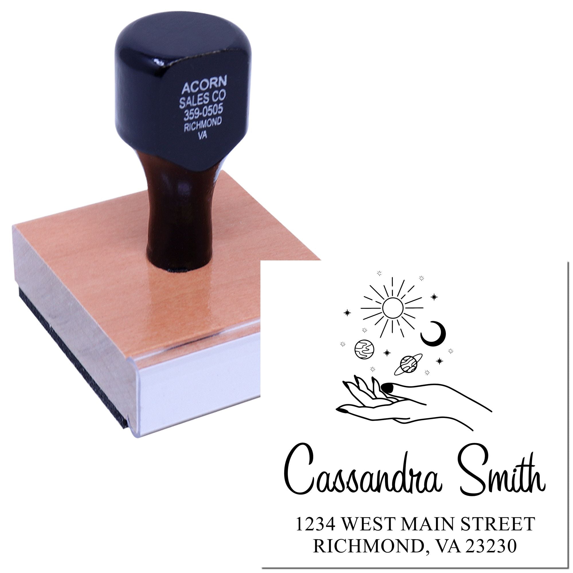 Custom return address rubber stamp for Cassandraa Smith with celestial hand logo and Richmond, VA mailing details