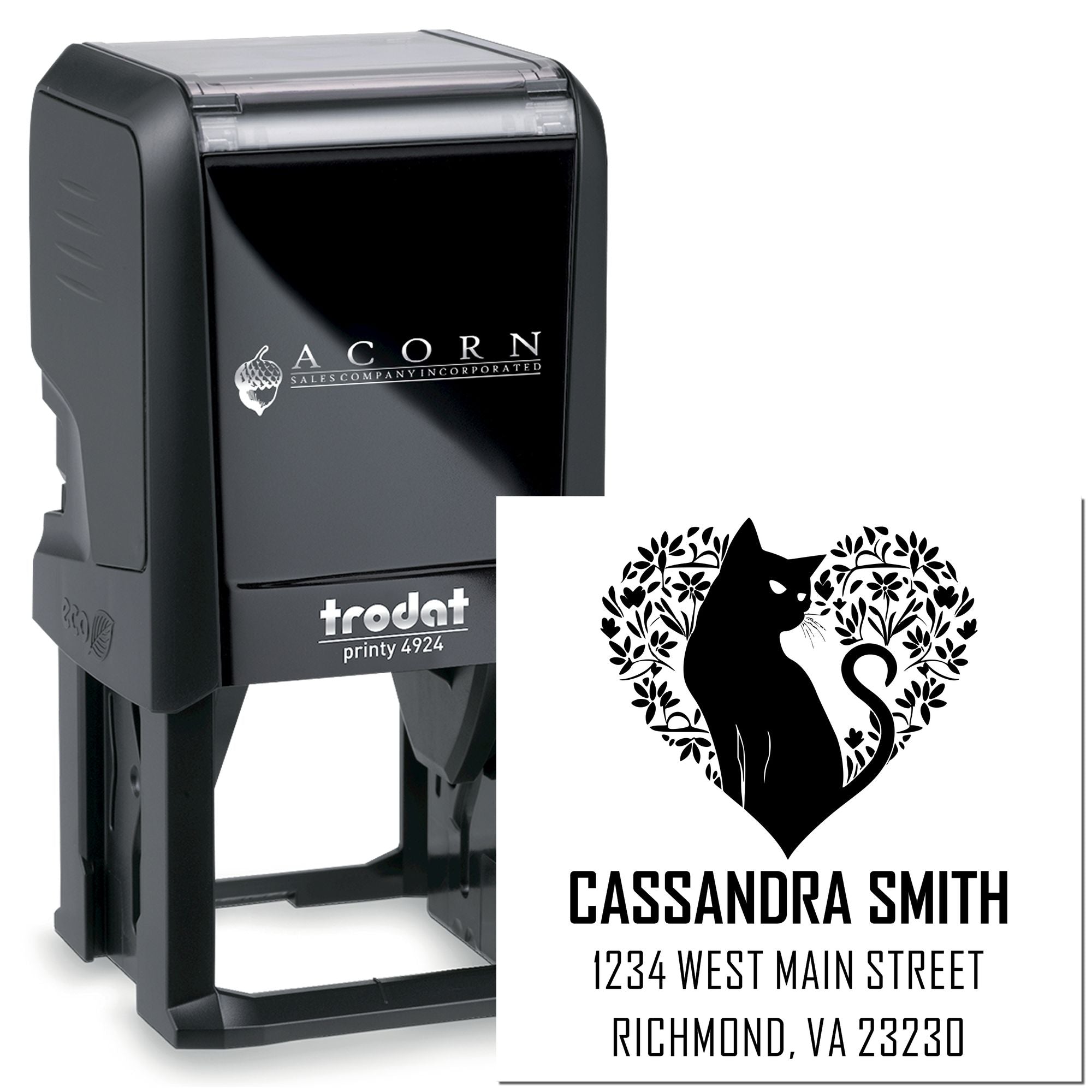 Trodat Printy 4924 self-inking rubber stamp with custom cat heart address design for personalized mailing.