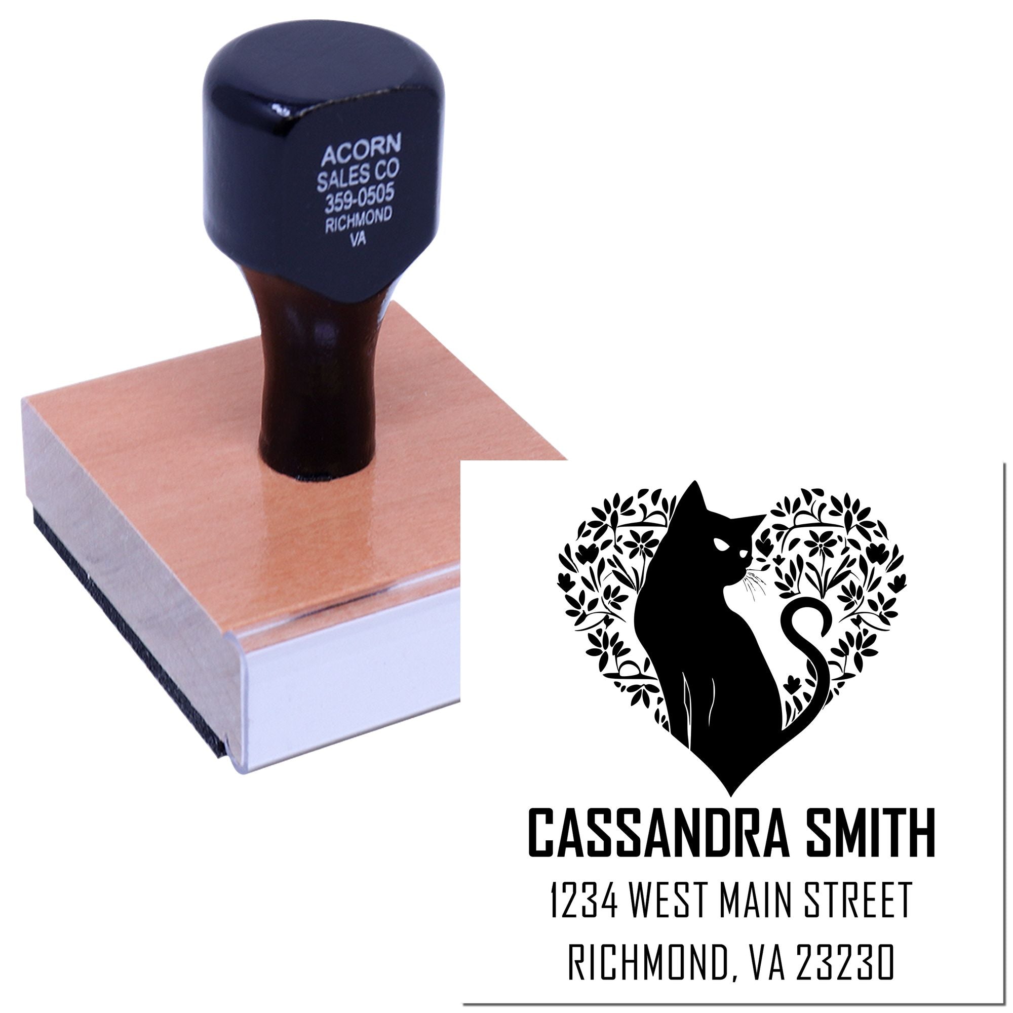Custom rubber stamp with cat floral heart design for personalized address stamping, featuring Cassandra Smith and Richmond, VA.