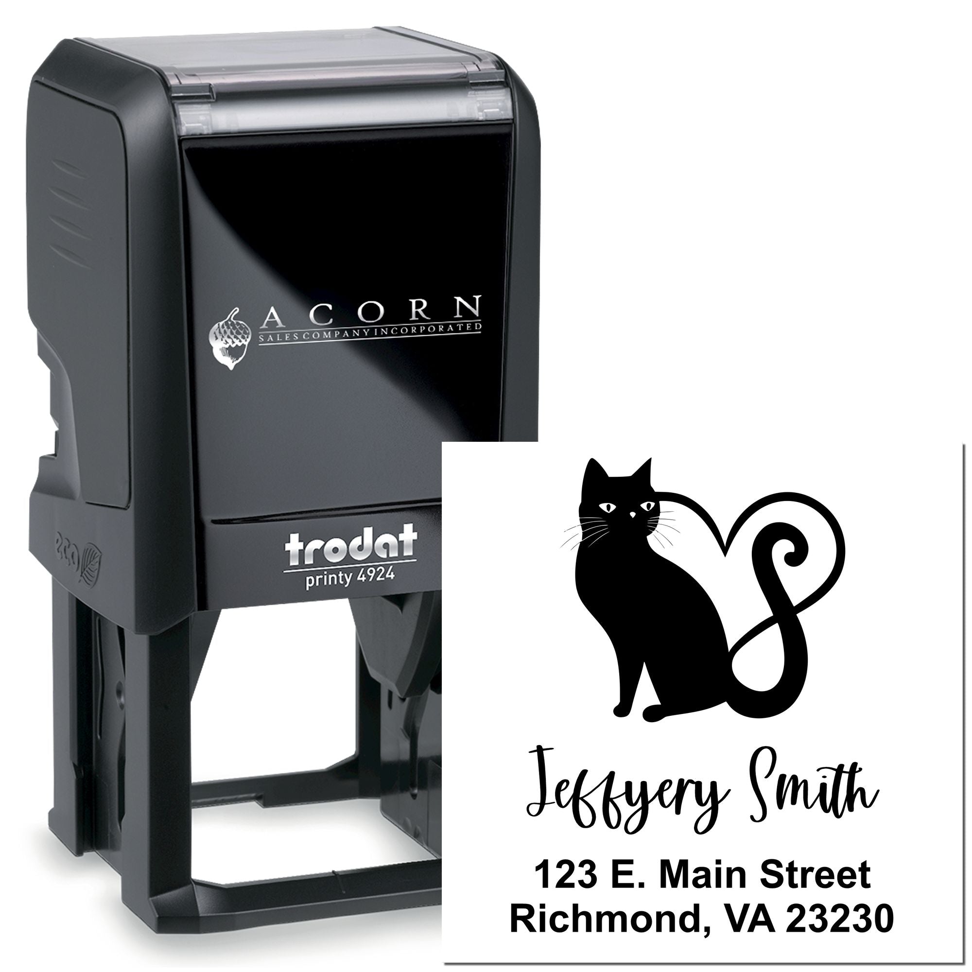 Custom self-inking rubber stamp with cat logo, name, and Richmond, VA address for personalized business mailing.