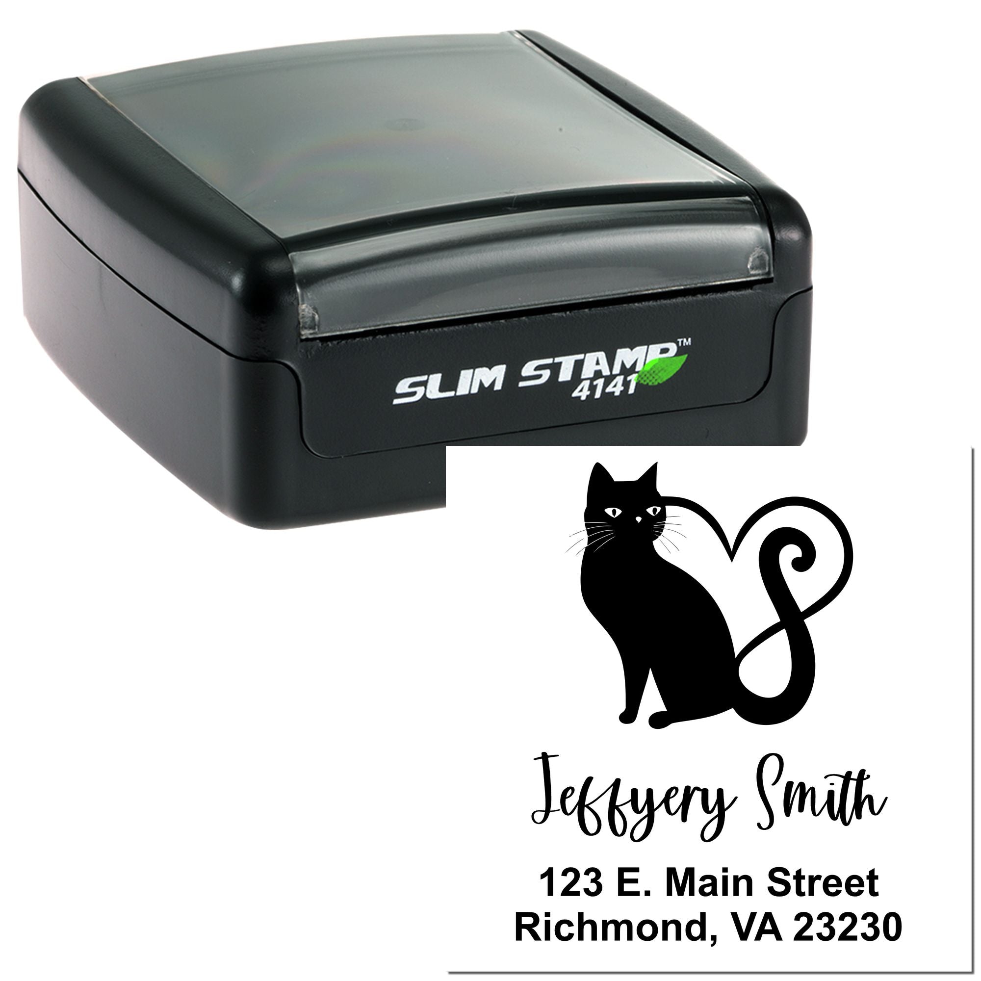 Custom self-inking rubber stamp with cat logo, name, and address for personalized mailing and branding.