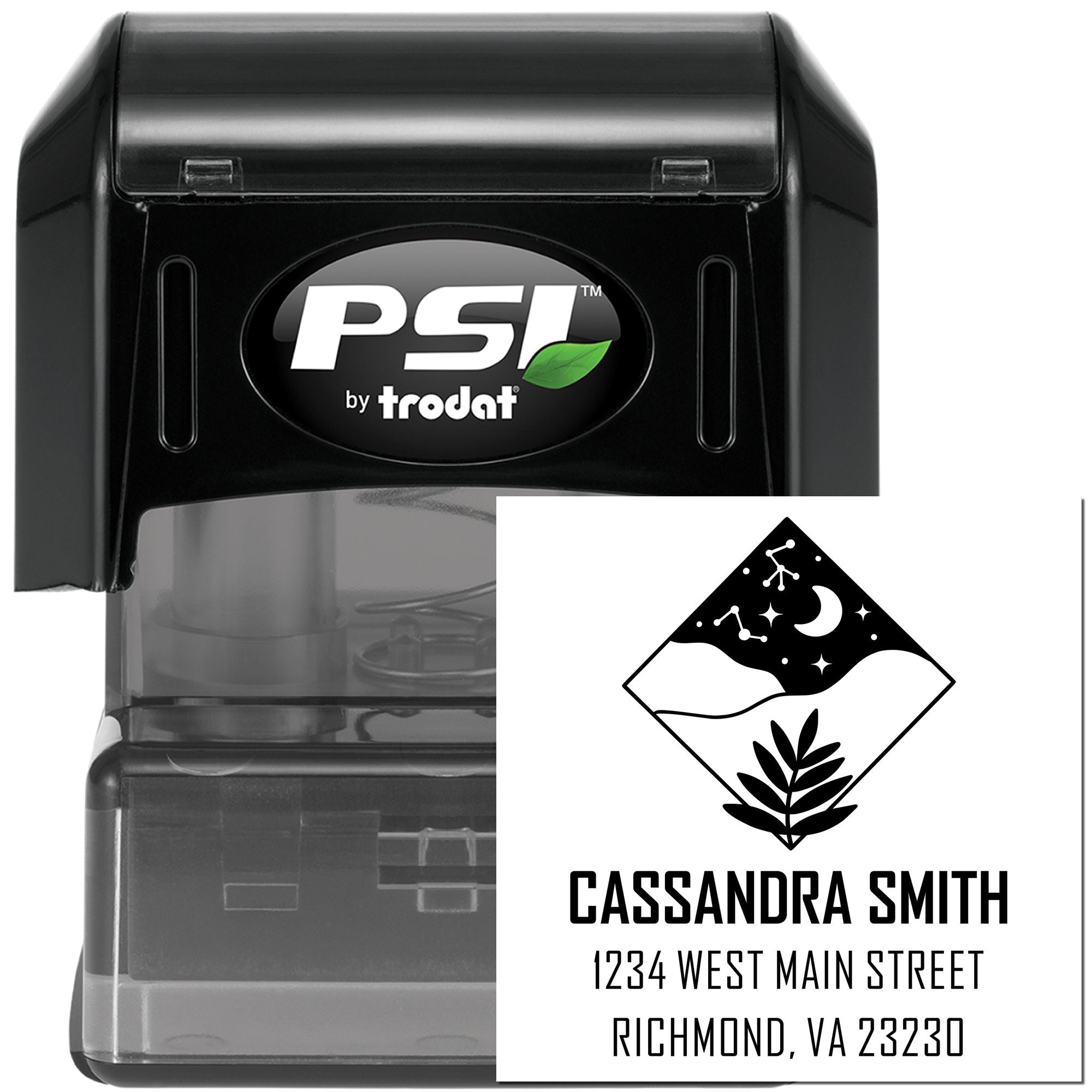 PSI by Trodat custom self-inking rubber stamp for return address use, featuring Cassandra Smith, Richmond VA.