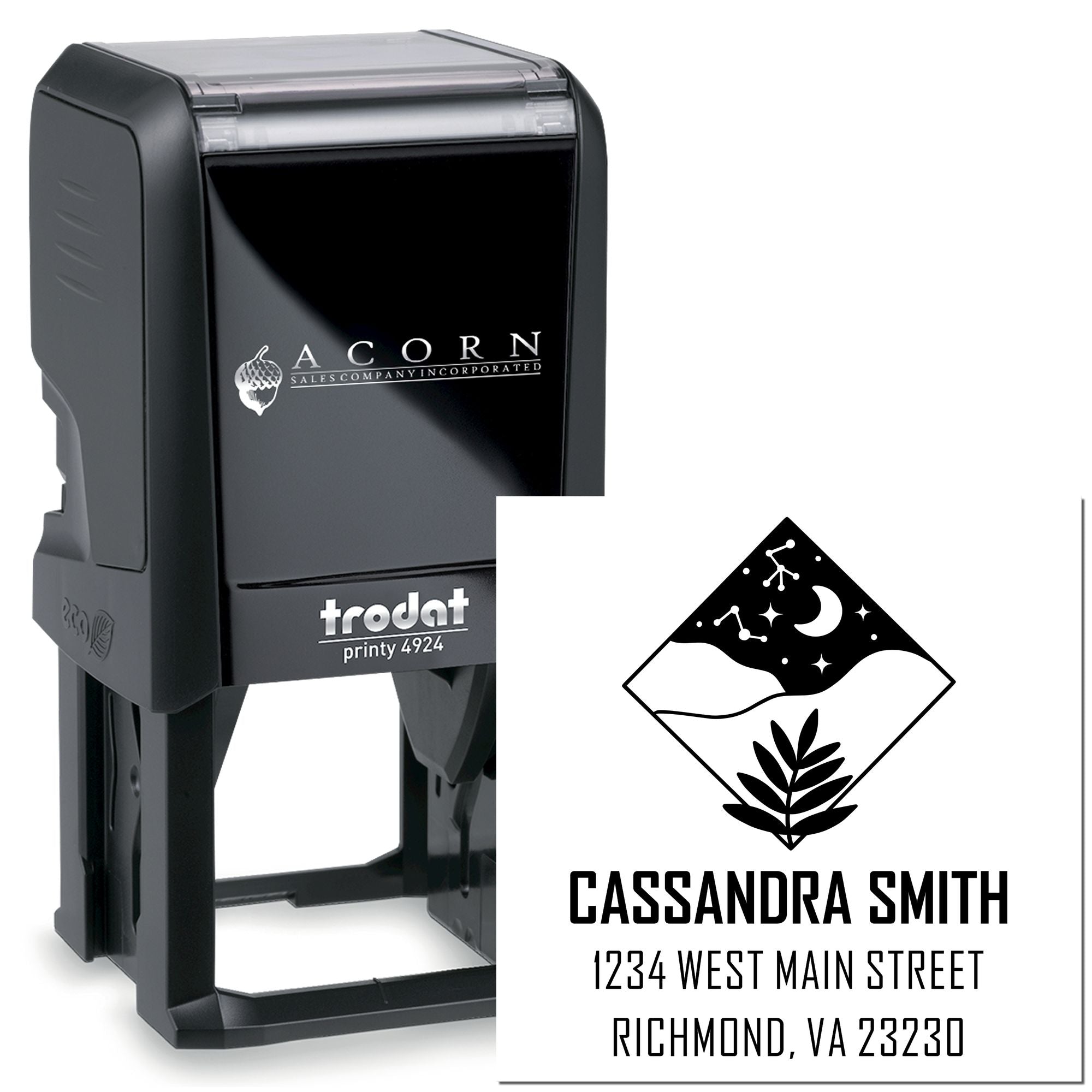 Trodat Printy 4924 self-inking rubber stamp with custom name and address design for personalized business mailings.