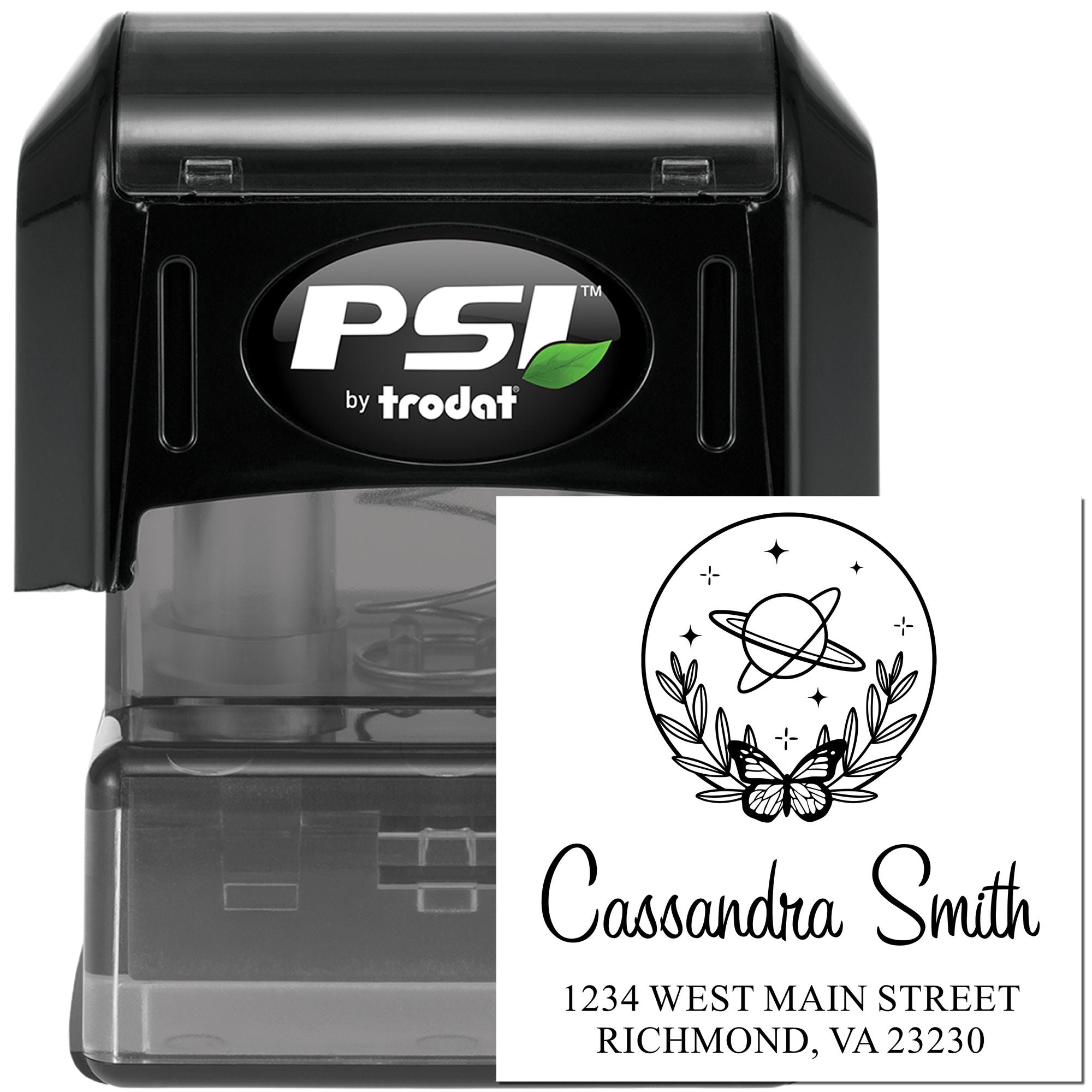 PSI by Trodat self-inking custom address rubber stamp with butterfly and planet design for personalized return mailing.