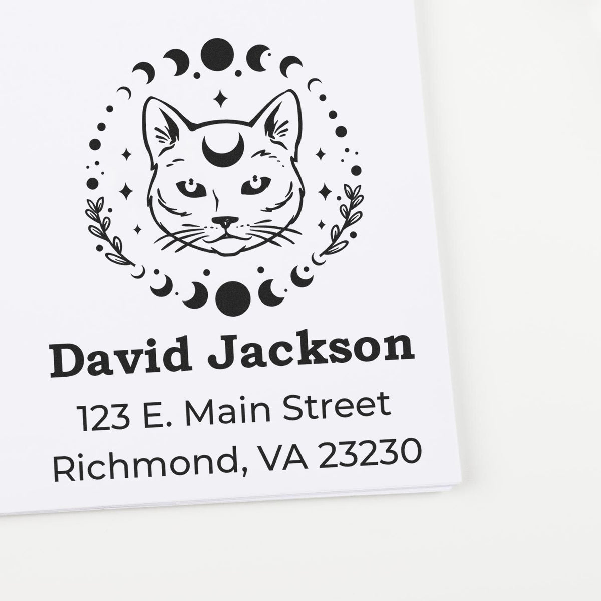 Custom cat moon address rubber stamp with name and mailing address for personalized return address labels.