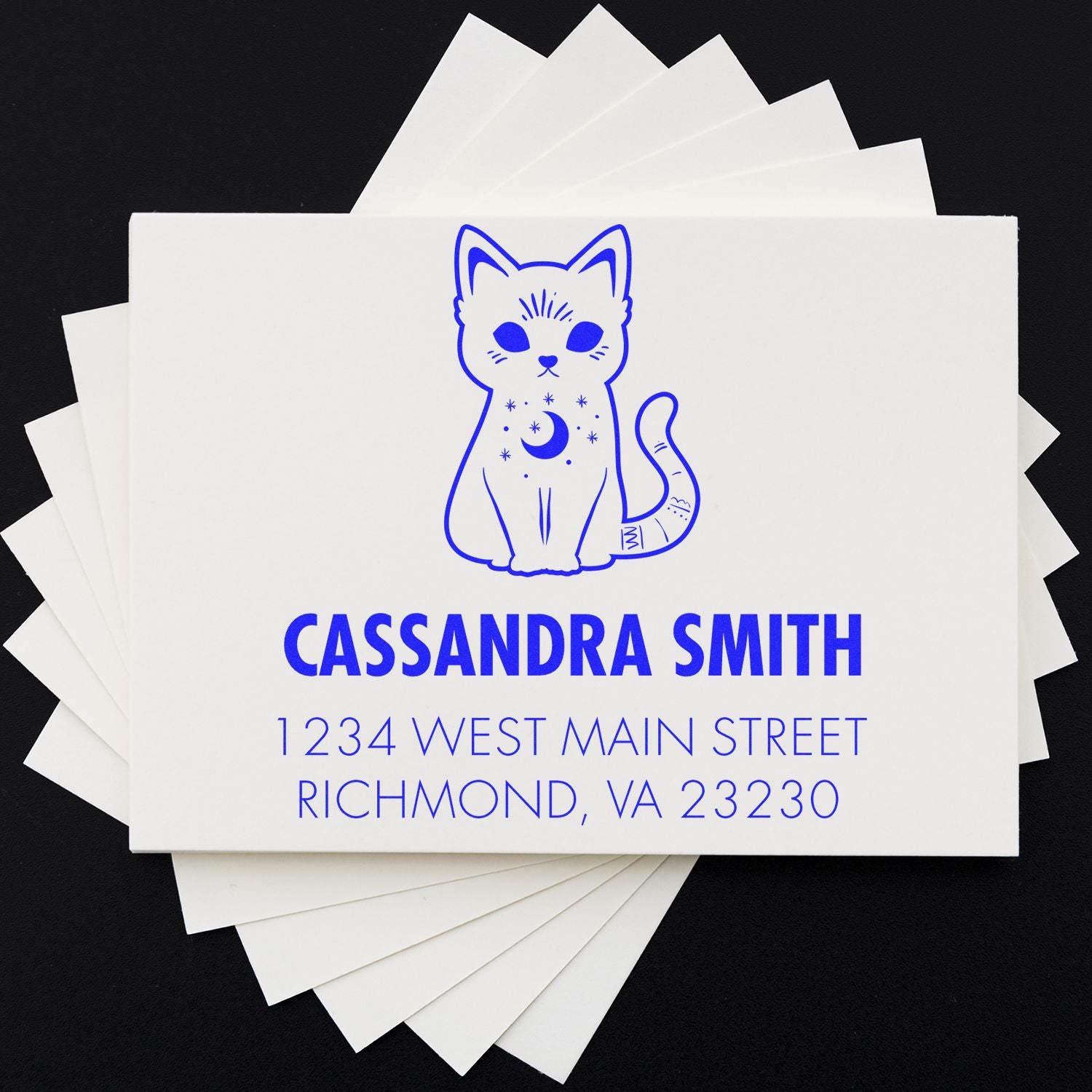 Custom cat return address rubber stamp with name Cassandra Smith and Richmond, VA address for personalized stationery.