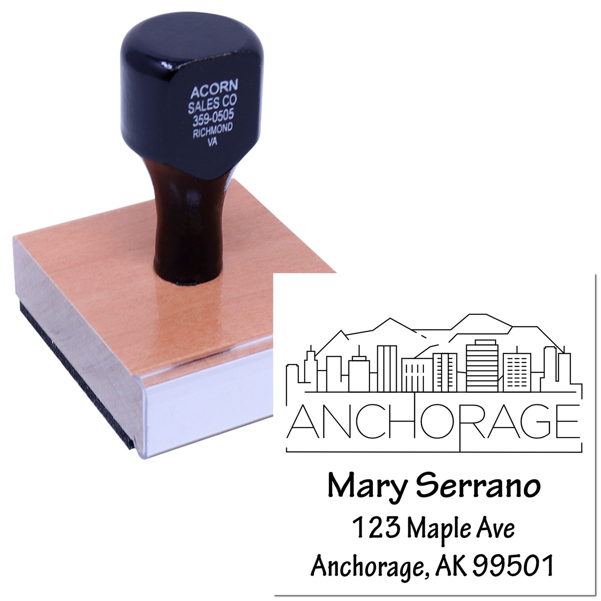 Anchorage Architectural City Skyline Custom-Made 3 Line Stamp with Wood Handle