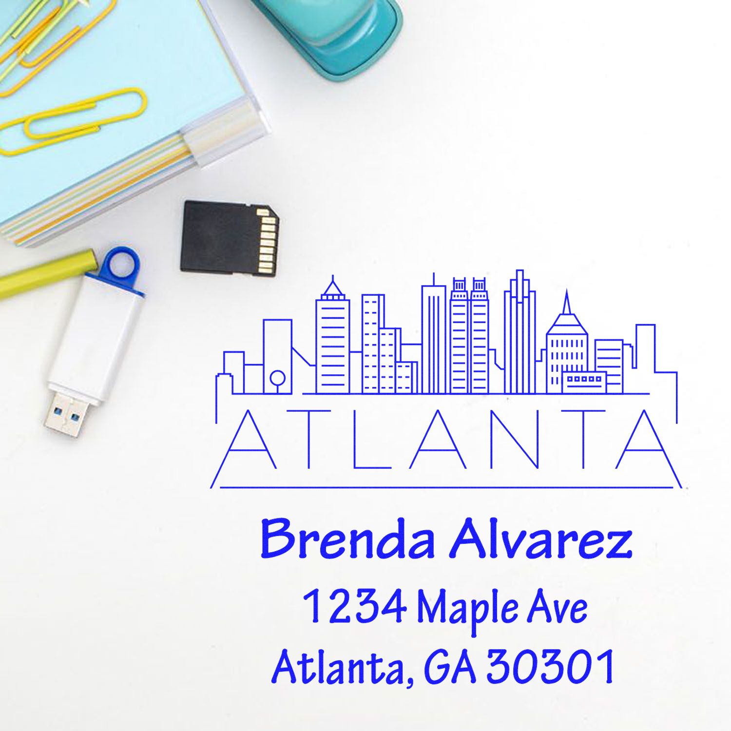 Custom Atlanta skyline return address rubber stamp with name and mailing address for personalized envelopes and invitations.