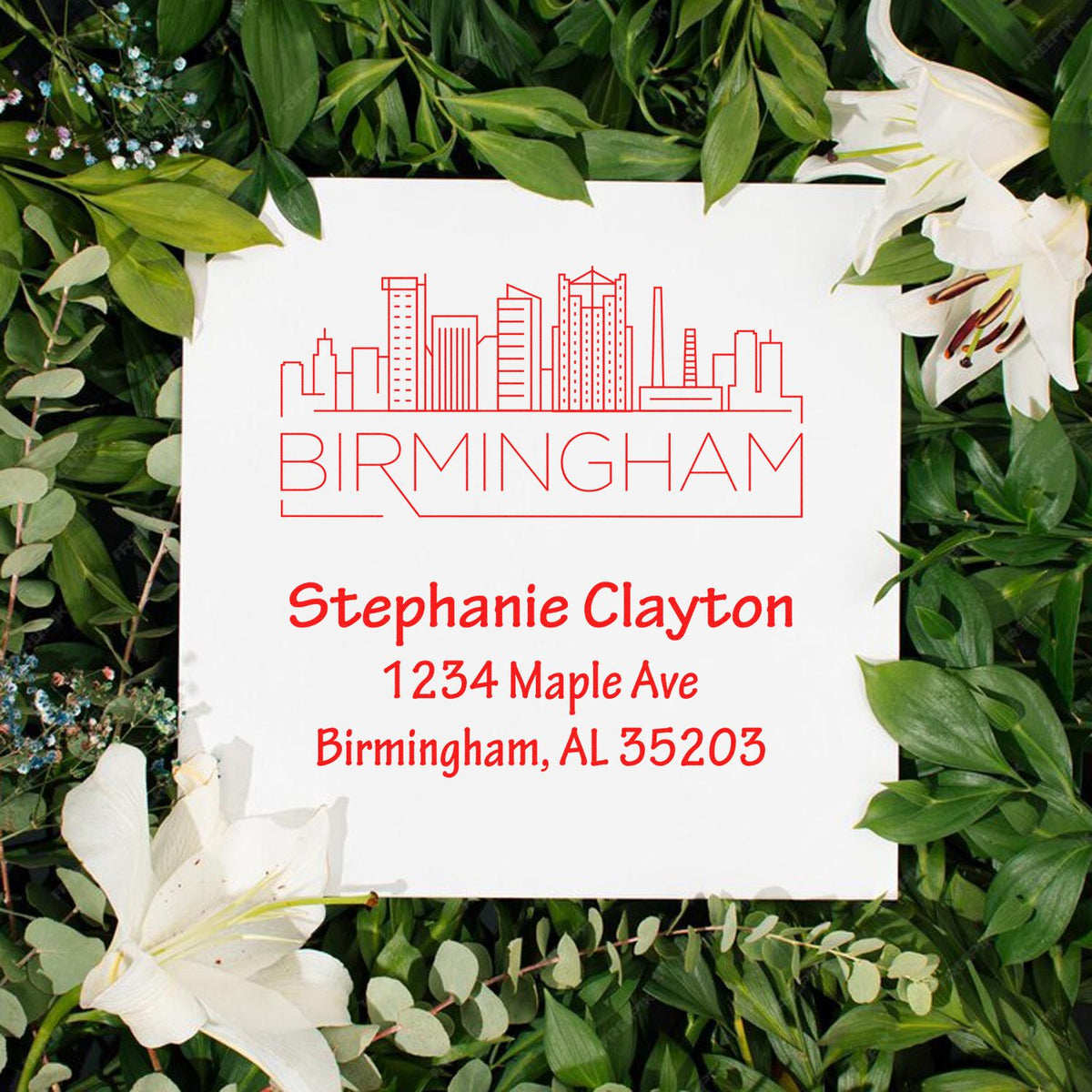 Custom Birmingham skyline rubber stamp with return address for Stephanie Clayton, 1234 Maple Ave, Birmingham, AL 35203