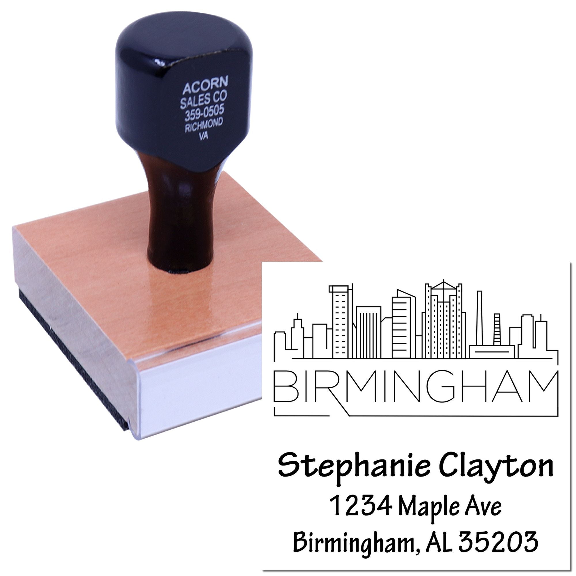 Custom rubber address stamp with Birmingham skyline logo and return address imprint for personalized business branding.