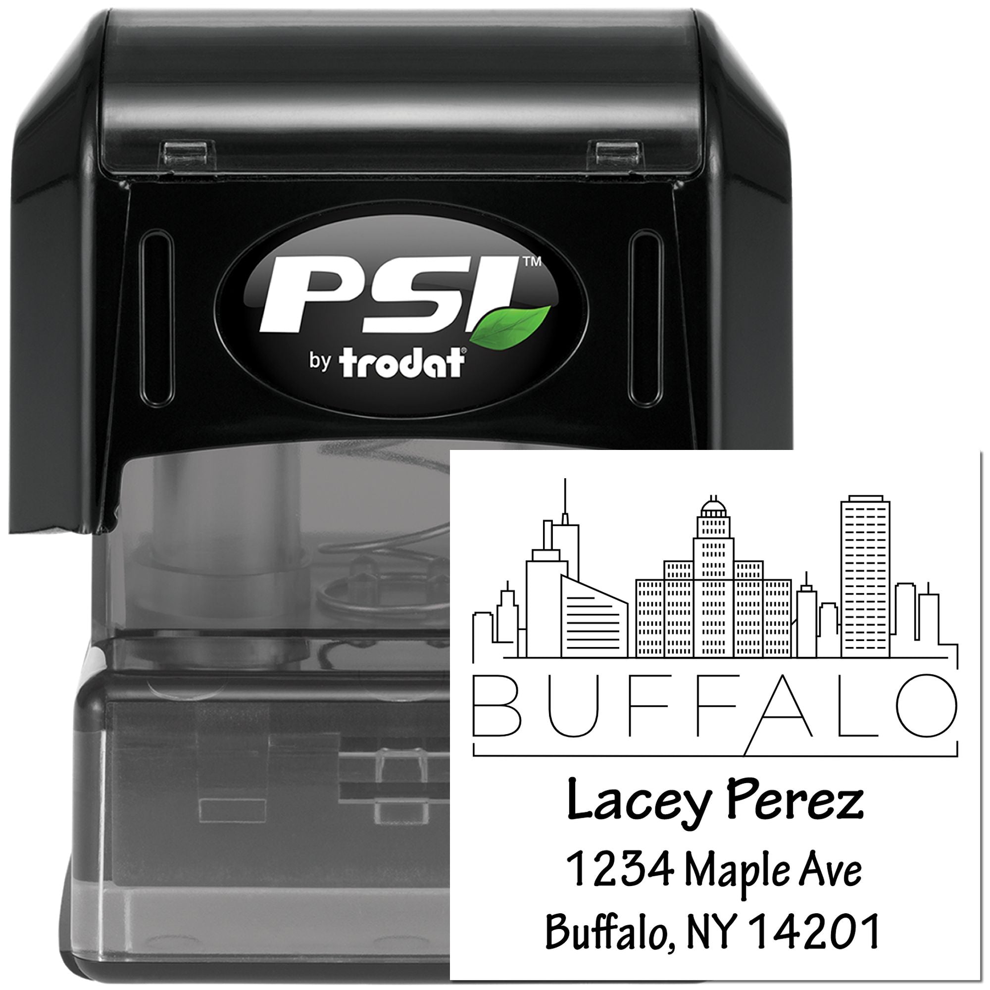 Personalized self-inking rubber stamp with Buffalo skyline, name, and address for business mailing.