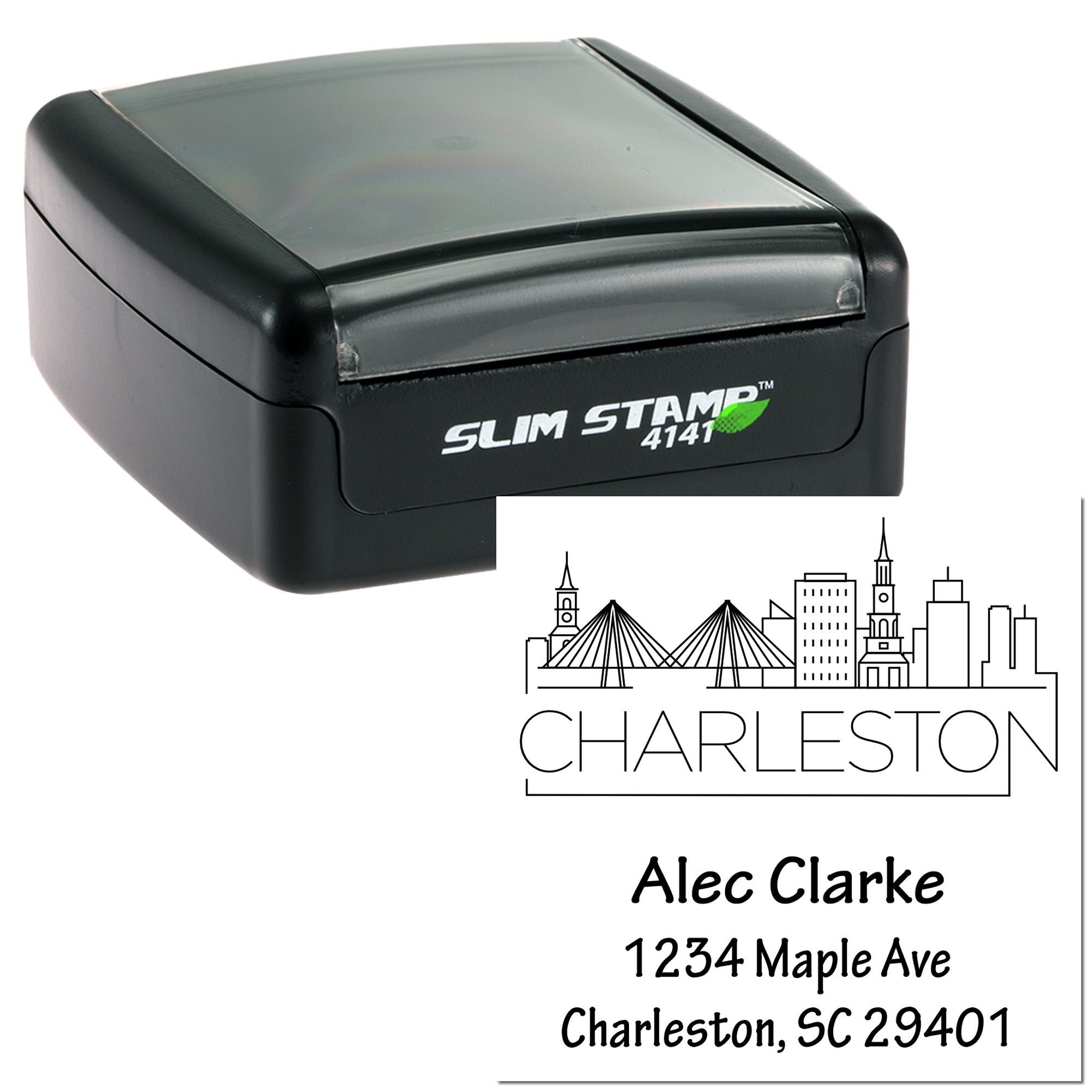 Custom Charleston return address rubber stamp with skyline design for envelopes, mail, and business branding.