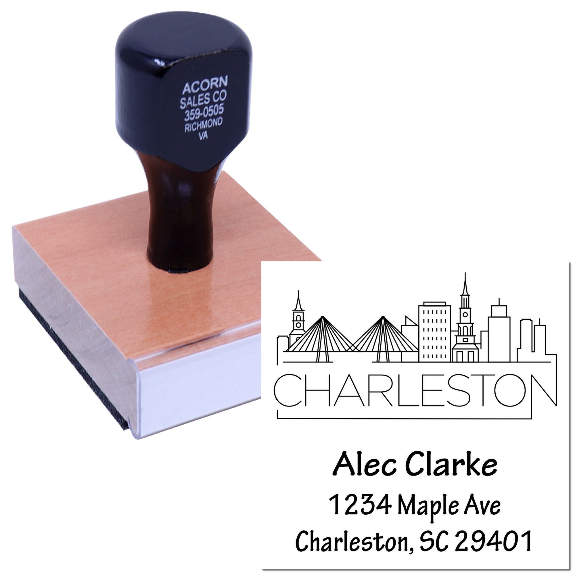 Custom Charleston address rubber stamp with skyline design for personalized business and return mailing use.