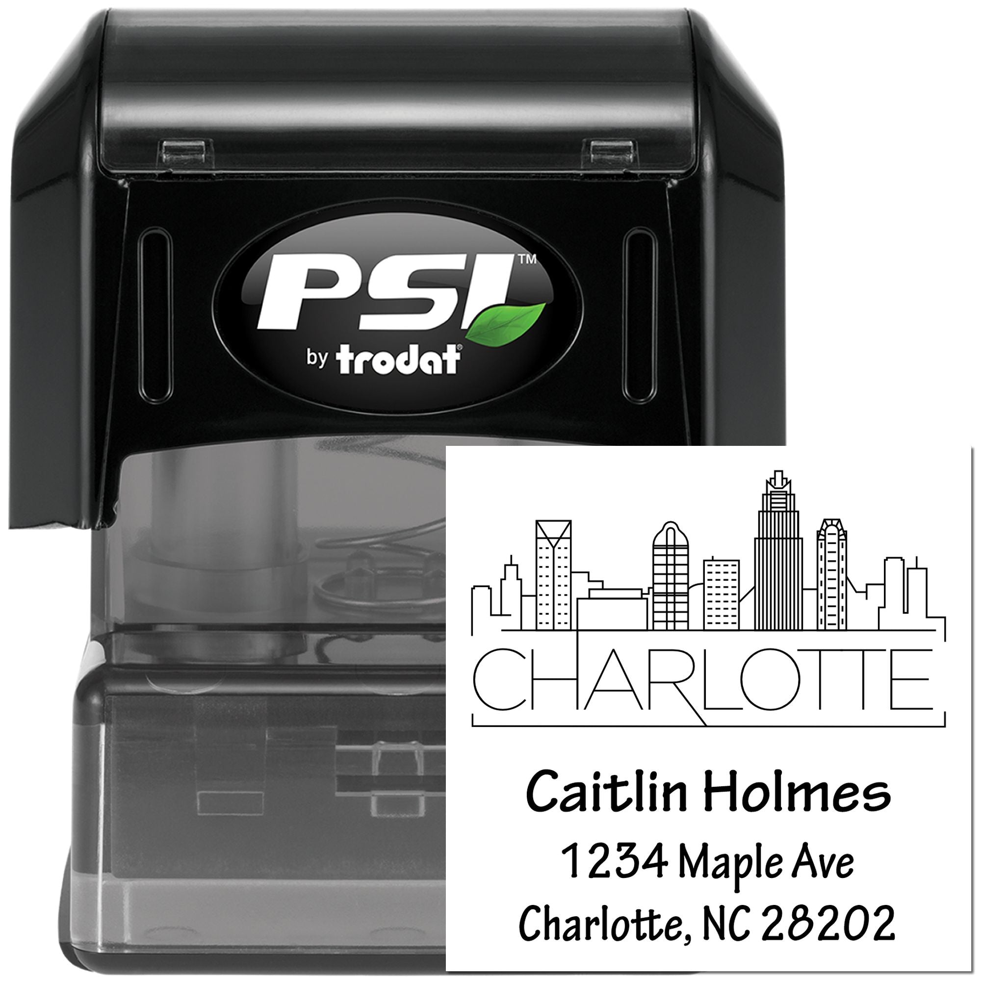 Custom self-inking rubber address stamp for Charlotte, NC with skyline, Caitlin Holmes name, and return address.