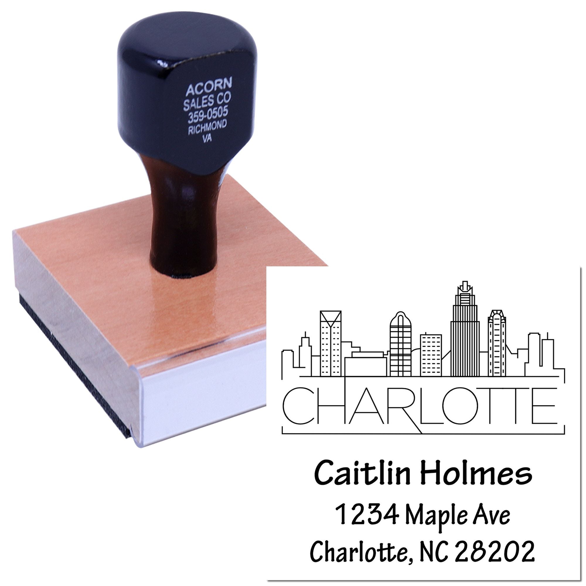 Custom Charlotte return address rubber stamp with skyline design, self-inking stamp, and personalized name and address.