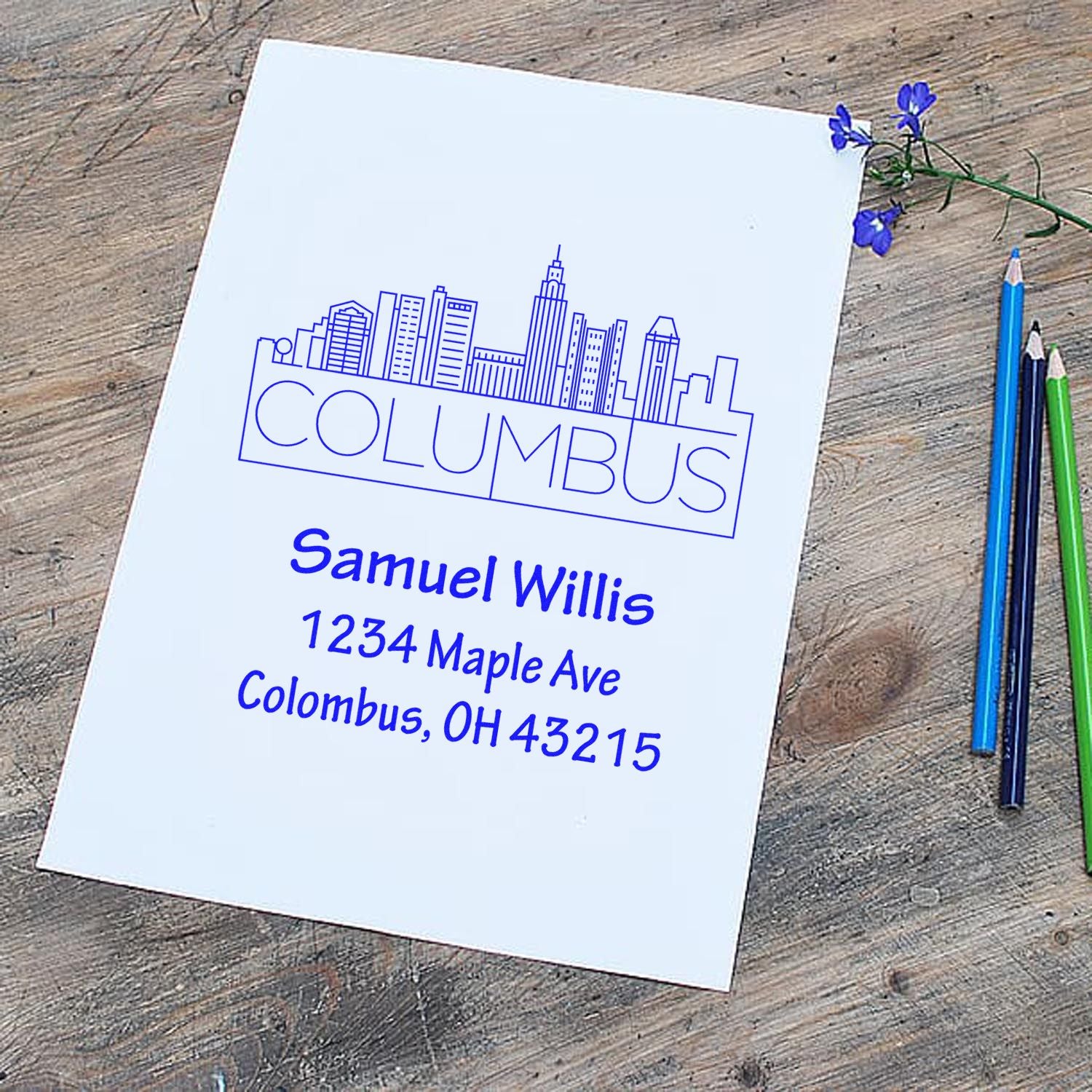 Custom Columbus return address stamp with skyline logo for Samuel Willis, 1234 Maple Ave, Columbus, OH 43215