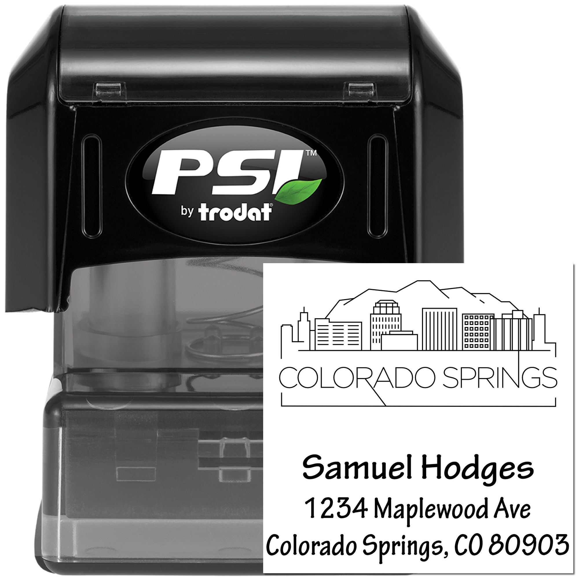 Custom PSI by Trodat self-inking rubber stamp with Colorado Springs return address and skyline design.