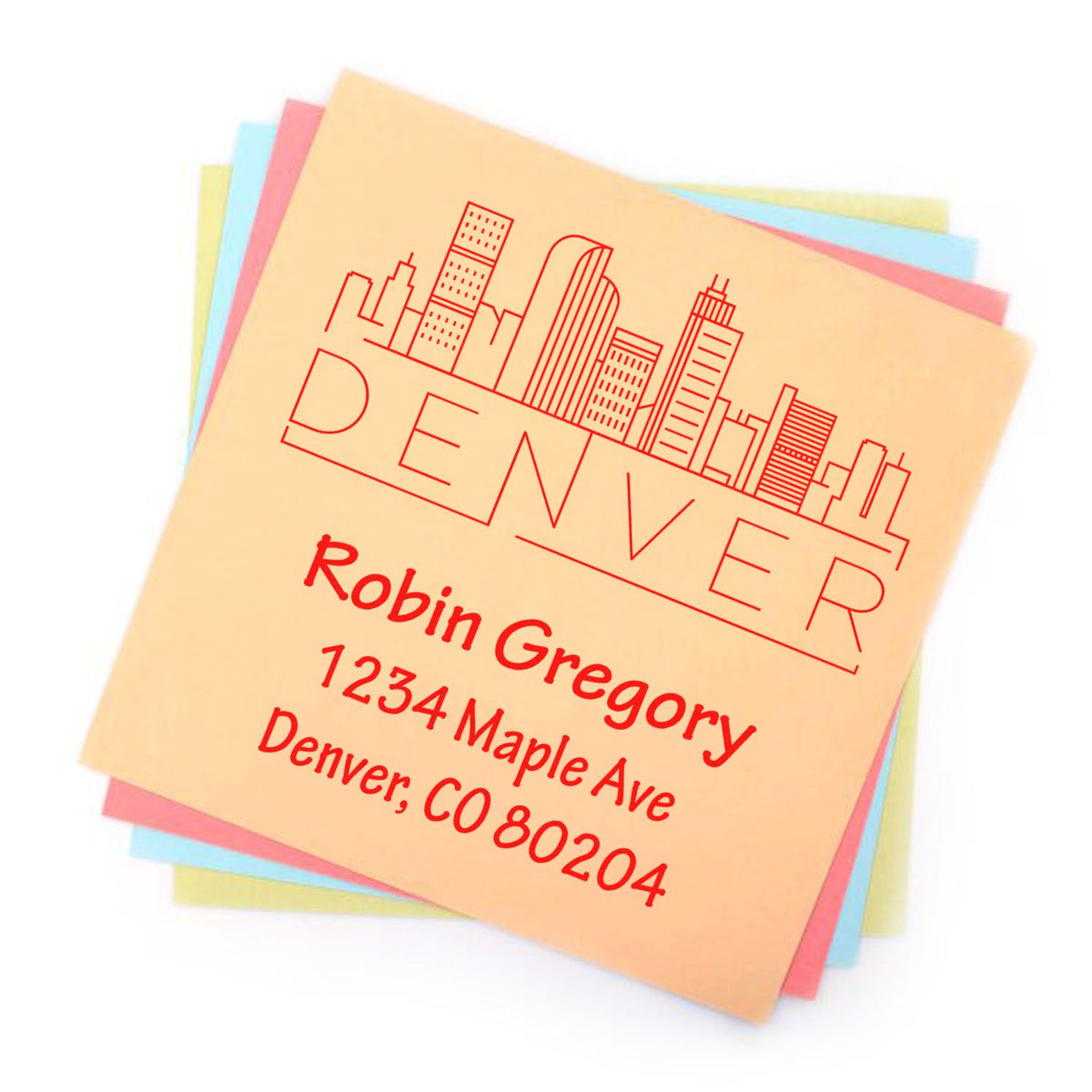 Personalized Denver address rubber stamp with city skyline, Robin Gregory, 1234 Maple Ave, Denver, CO 80204.