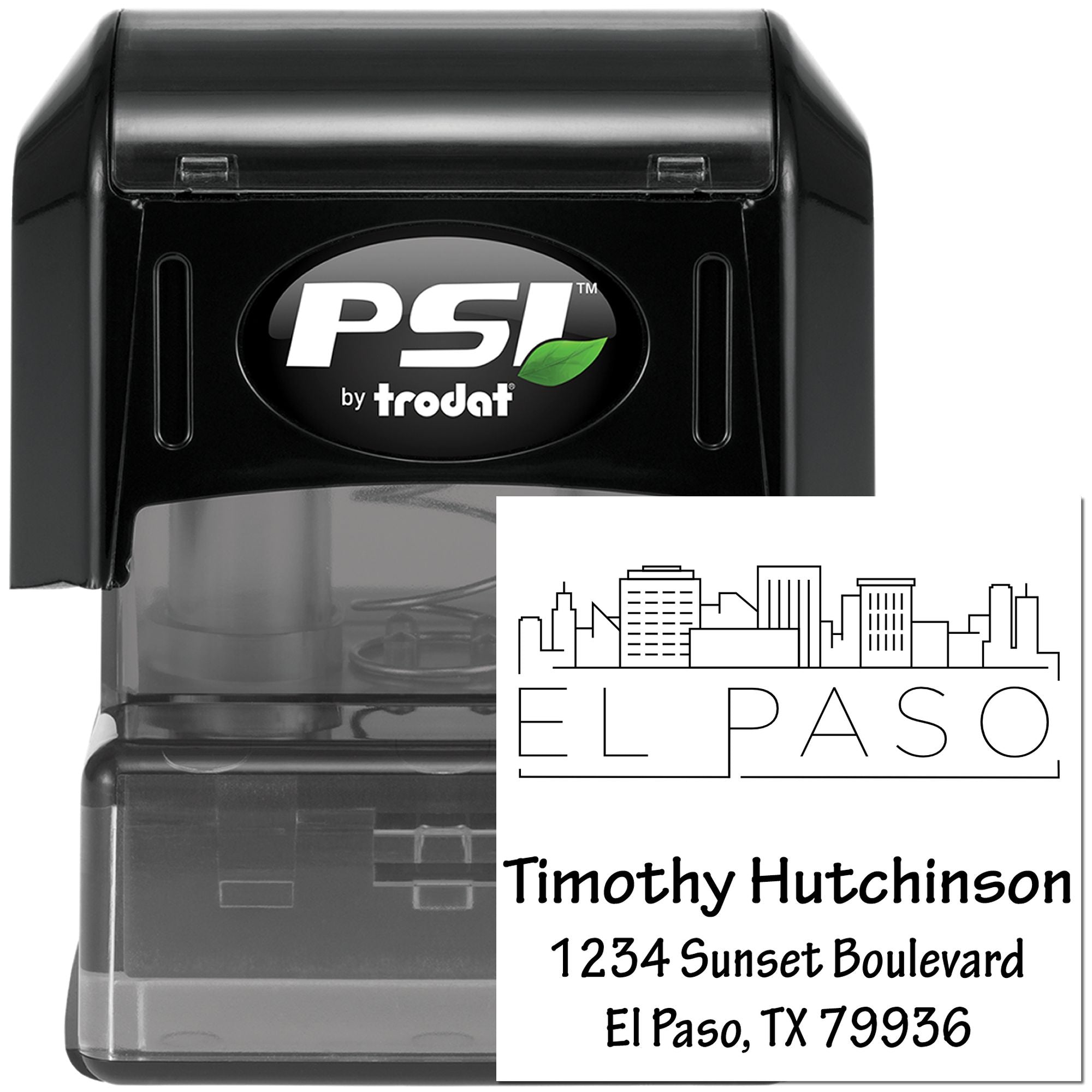 Custom self-inking rubber address stamp with El Paso skyline, Timothy Hutchinson name, and return address by PSI Trodat.
