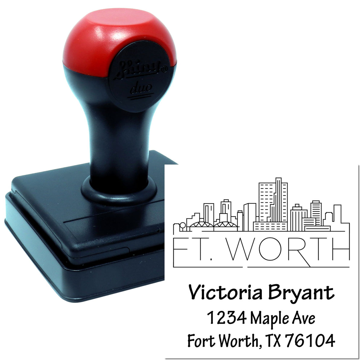 Custom self-inking Fort Worth address rubber stamp with skyline design for business mailing and return envelopes