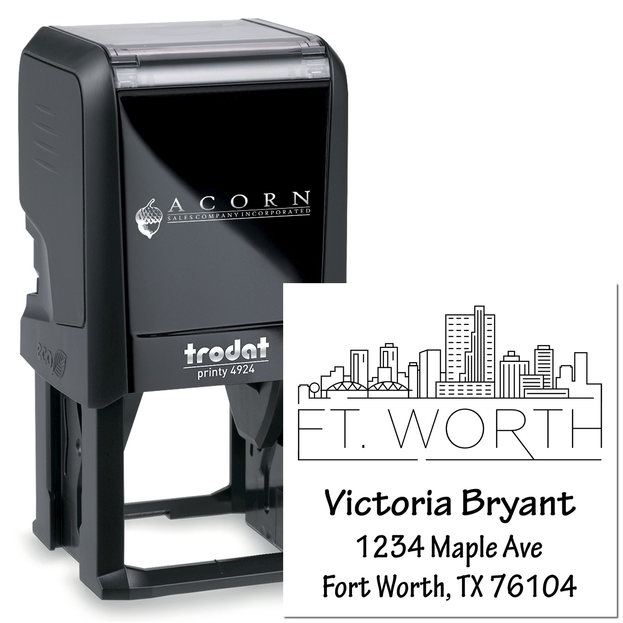 Custom self-inking rubber address stamp with Fort Worth skyline, Victoria Bryant name, and mailing details.