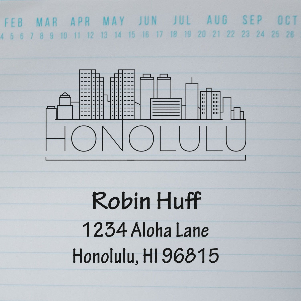 Custom Honolulu skyline address stamp for Robin Huff, 1234 Aloha Lane, Honolulu, HI 96815.