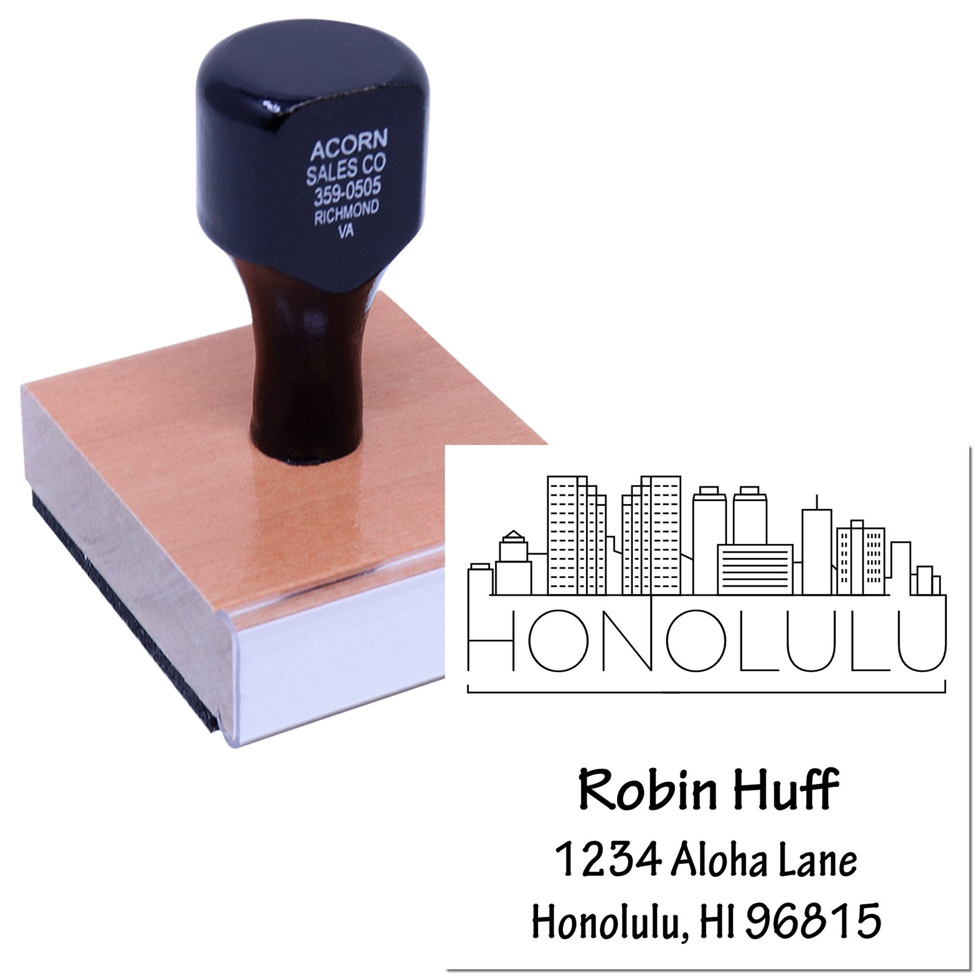 Personalized Honolulu skyline address rubber stamp with custom name and address imprint on paper.