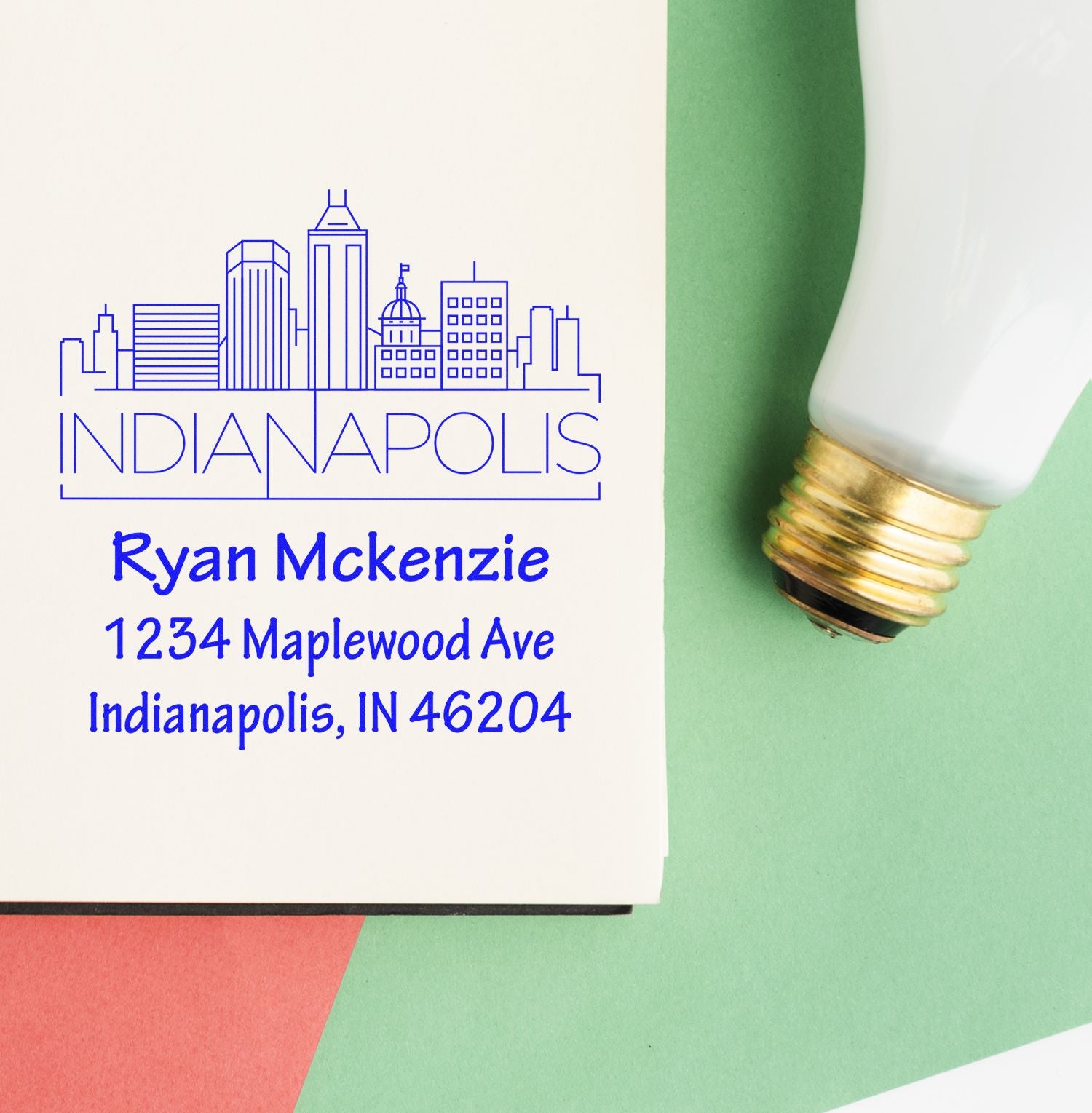 Custom Indianapolis address rubber stamp with skyline art and personalized name, street address, and ZIP code.