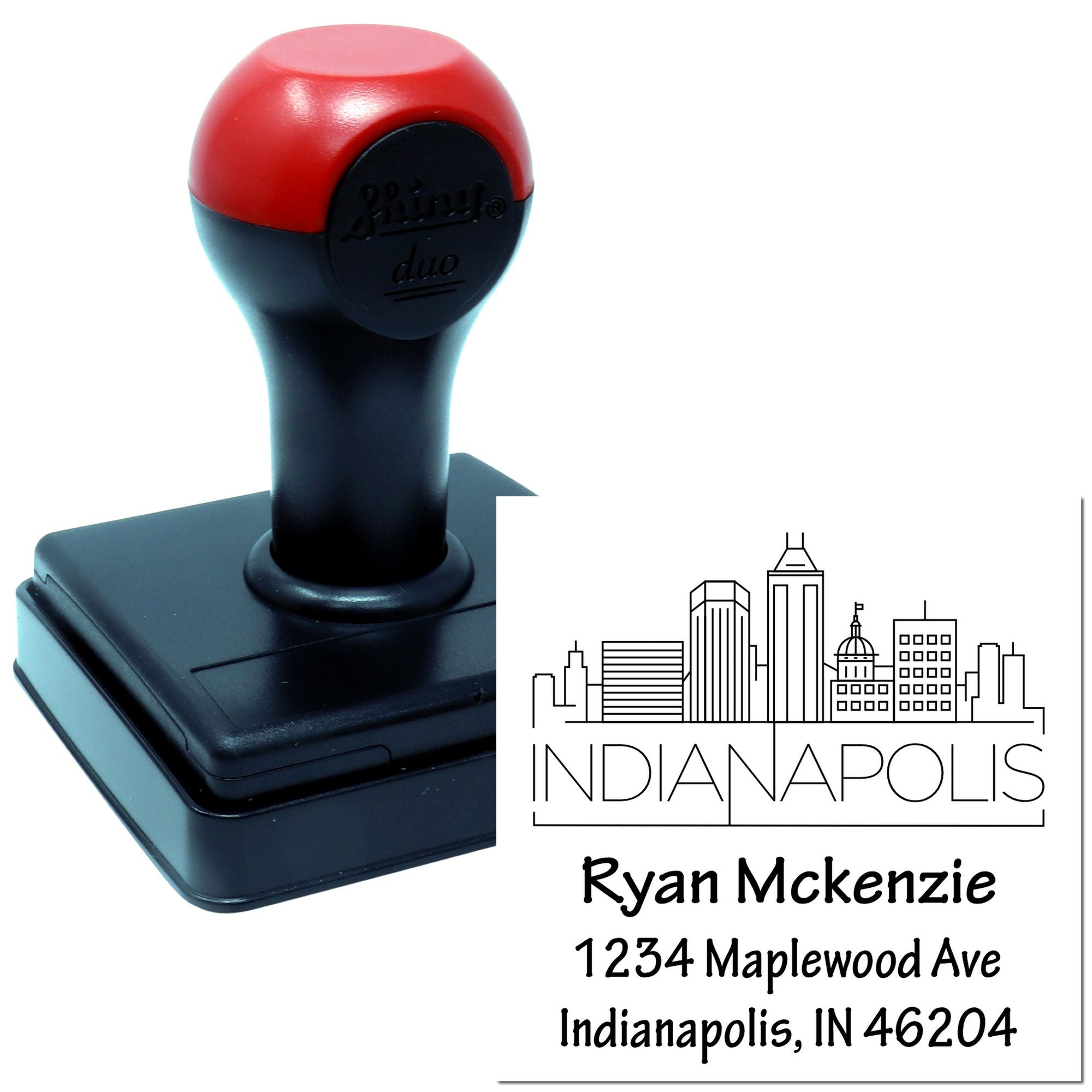 Custom self-inking rubber stamp for Indianapolis address labels, with skyline design and personalized name and address.