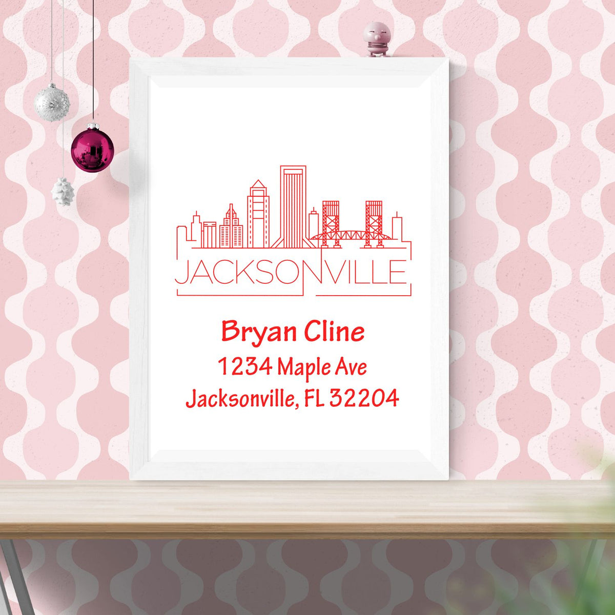 Personalized Jacksonville skyline return address rubber stamp with name, street address, and ZIP code for custom mailing.
