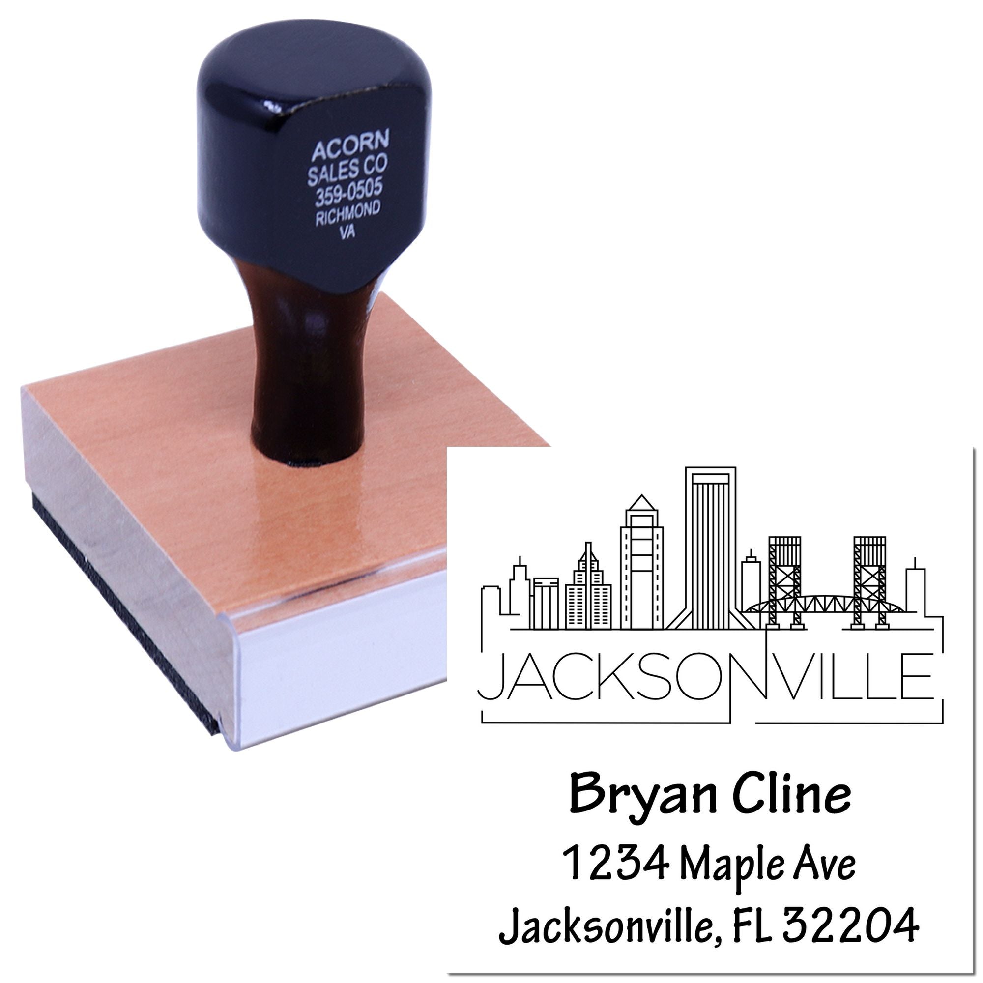 Custom rubber address stamp with Jacksonville skyline design for business branding, mailing, and personalized office use.
