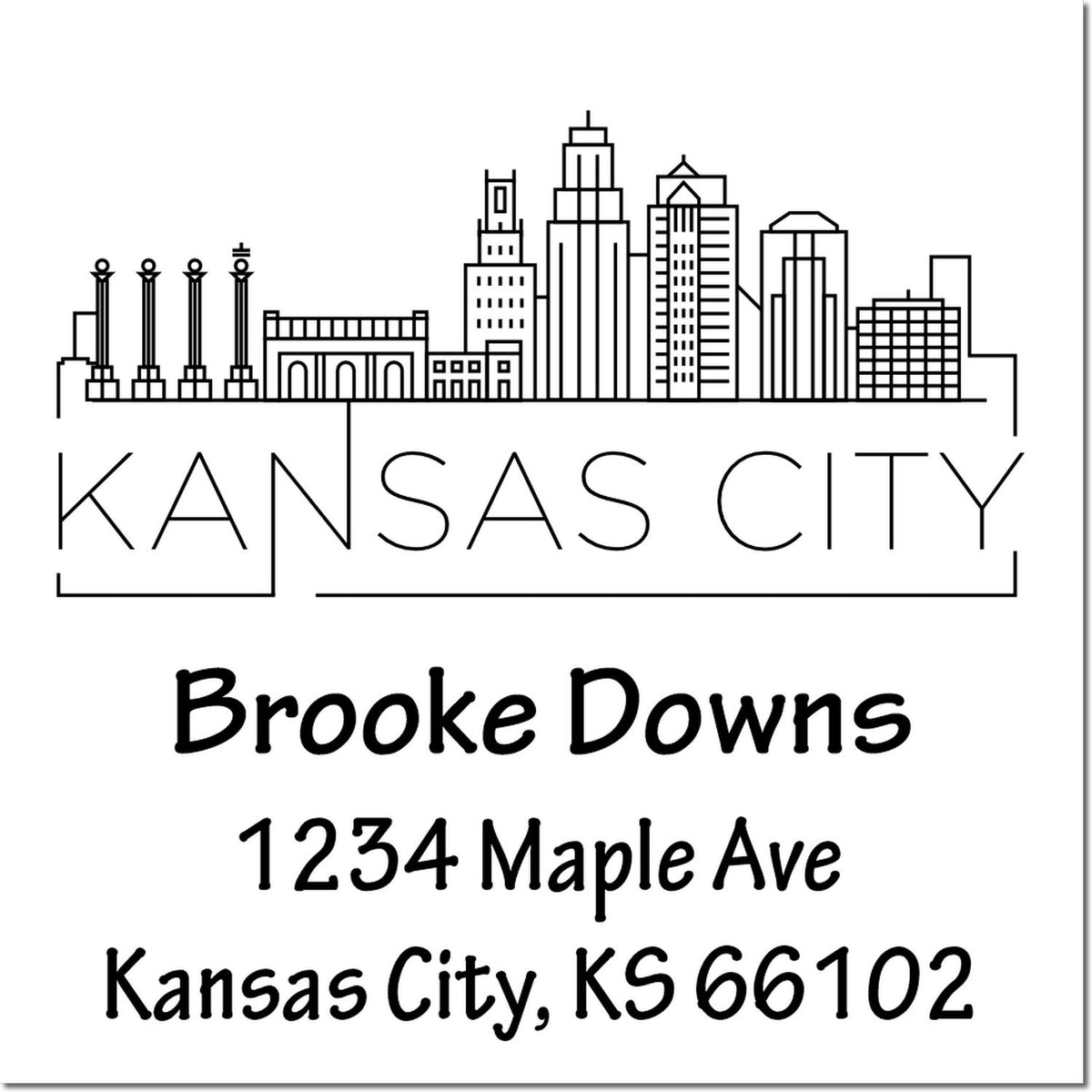 Custom Kansas City return address rubber stamp with skyline design for Brooke Downs, 1234 Maple Ave, Kansas City, KS 66102.