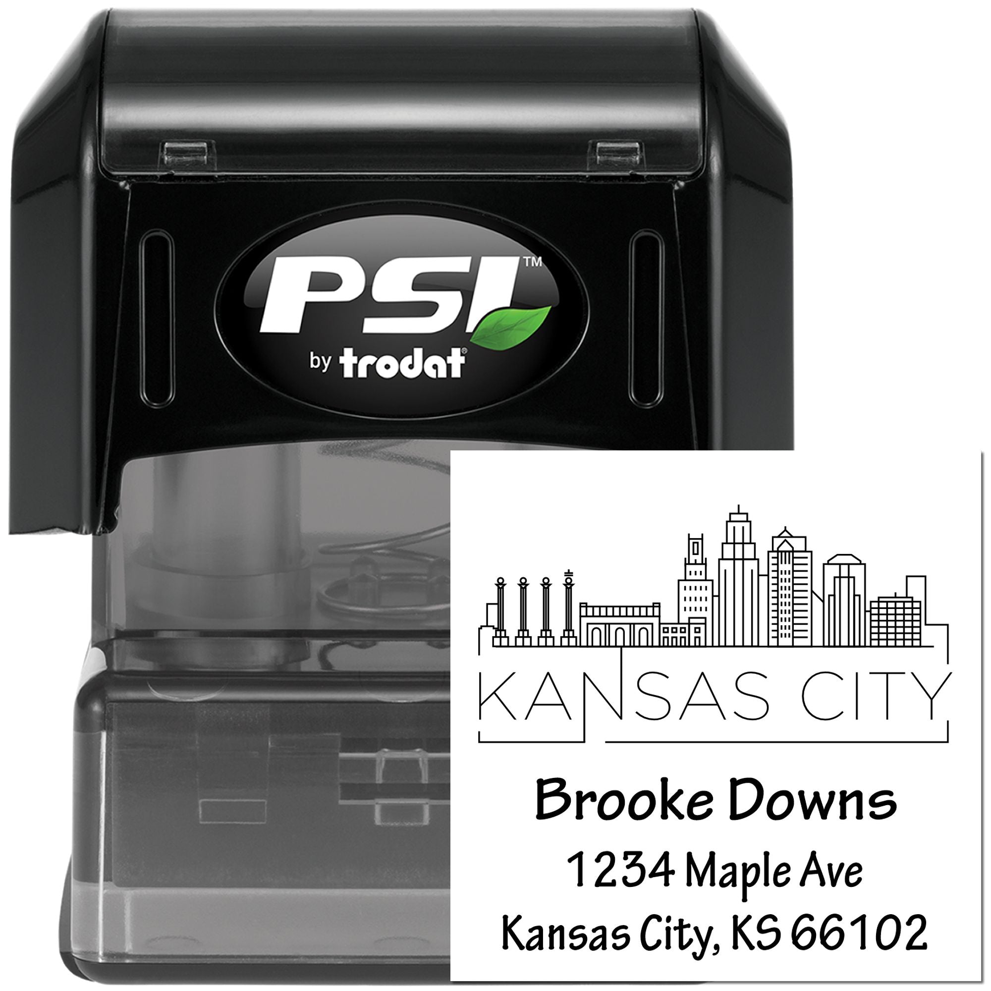 Custom self-inking rubber stamp with Kansas City skyline, Brooke Downs, 1234 Maple Ave, Kansas City, KS 66102